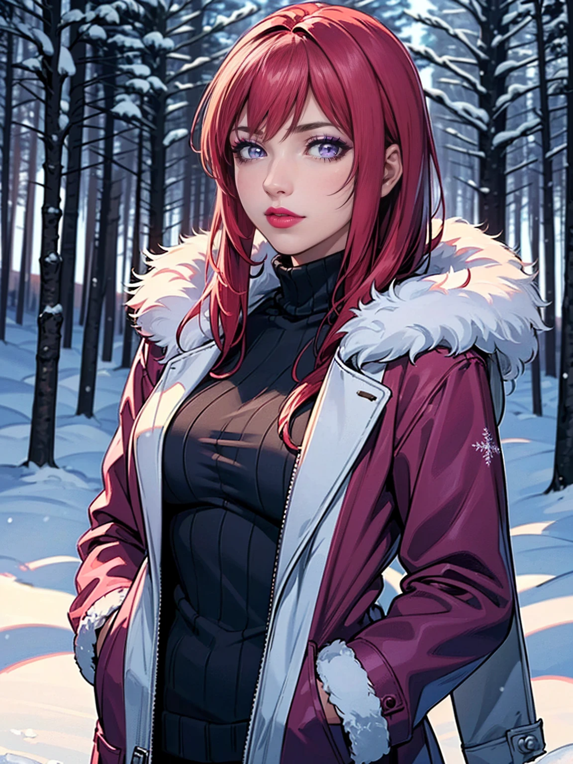 ((solo, 1woman, TakashiroHiroko, dark purple eyes, red hair, pink lipstick, Extremely detailed, ambient soft lighting, 4k, perfect eyes, a perfect face, perfect lighting, a 1girl)), ((solo, (1woman, pink lipstick), Extremely detailed, ambient soft lighting, 4k, perfect eyes, a perfect face, perfect lighting, a 1girl)), ((detailed, long sleeves, jacket, upper body, open clothes, sweater, open jacket, coat, fur trim, turtleneck, fur collar, hand in pocket, open coat, turtleneck sweater, fur-trimmed jacket, winter environment, snow, frozen lake, snowy forest, winter flowers, snowman, enslorado, tundra, boreal forest))