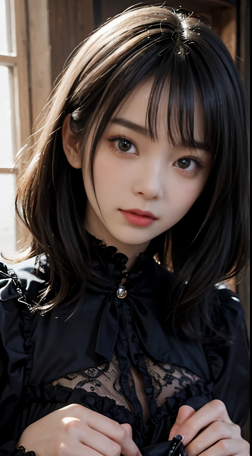 top-quality　​masterpiece　8K  ultra-detailed face　One woman wearing colorful Gothic Lolita　Full body photo　kawaii pose　Sexy Pictures　Focus on the face　Close-range photography　profetional lighting　Vibrant photo　Happy expression　Sullen expression　Ecstatic look Sex appeal　Shiny wet crow hair　Gloss　Bruises and cuteness　Unreality　absurderes　Heavy bangs　Lots of skin tones   Cute