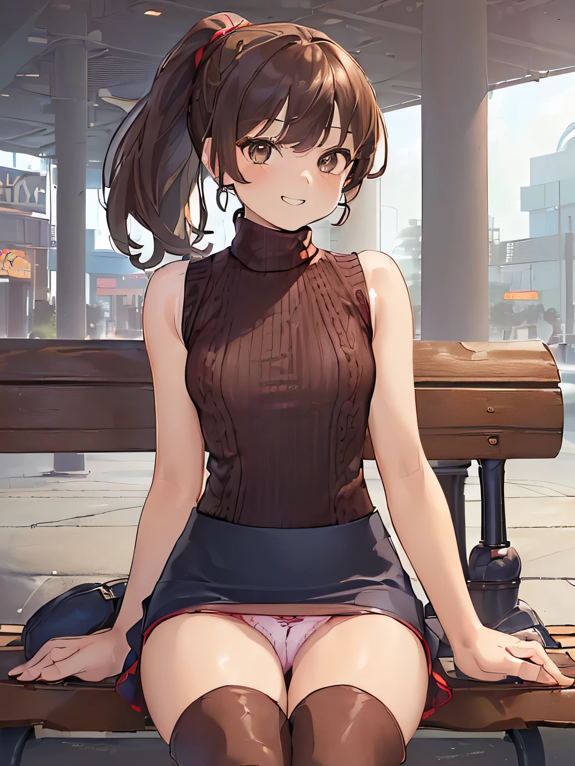 (masterpiece, highest quality, High resolution, realistic pictures, realistic skin:1.1),
(女性はShopping Mall Benchに座っている:1.8),
(she is sitting with her legs closed: 1.6),
(her skirt is so short、I can almost see the pants: 1.8),
(Please use the female panty shots facing the front.:1.8),
(grinning expression:1.5),
(She is wearing a dark red sleeveless turtleneck knit:1.8),
(She is wearing a navy flared miniskirt:1.8),
(she is wearing brown middle boots:1.8),
(The pants are in bright colors:1.2),
(brown hair in a middle ponytail:1.5),
(small face:1.5),
(Location: Shopping Mall Bench:1.5),
1 Japanese girl, alone, Full-bodied Esbian, beautiful eyes, sparkling eyes, NSFW