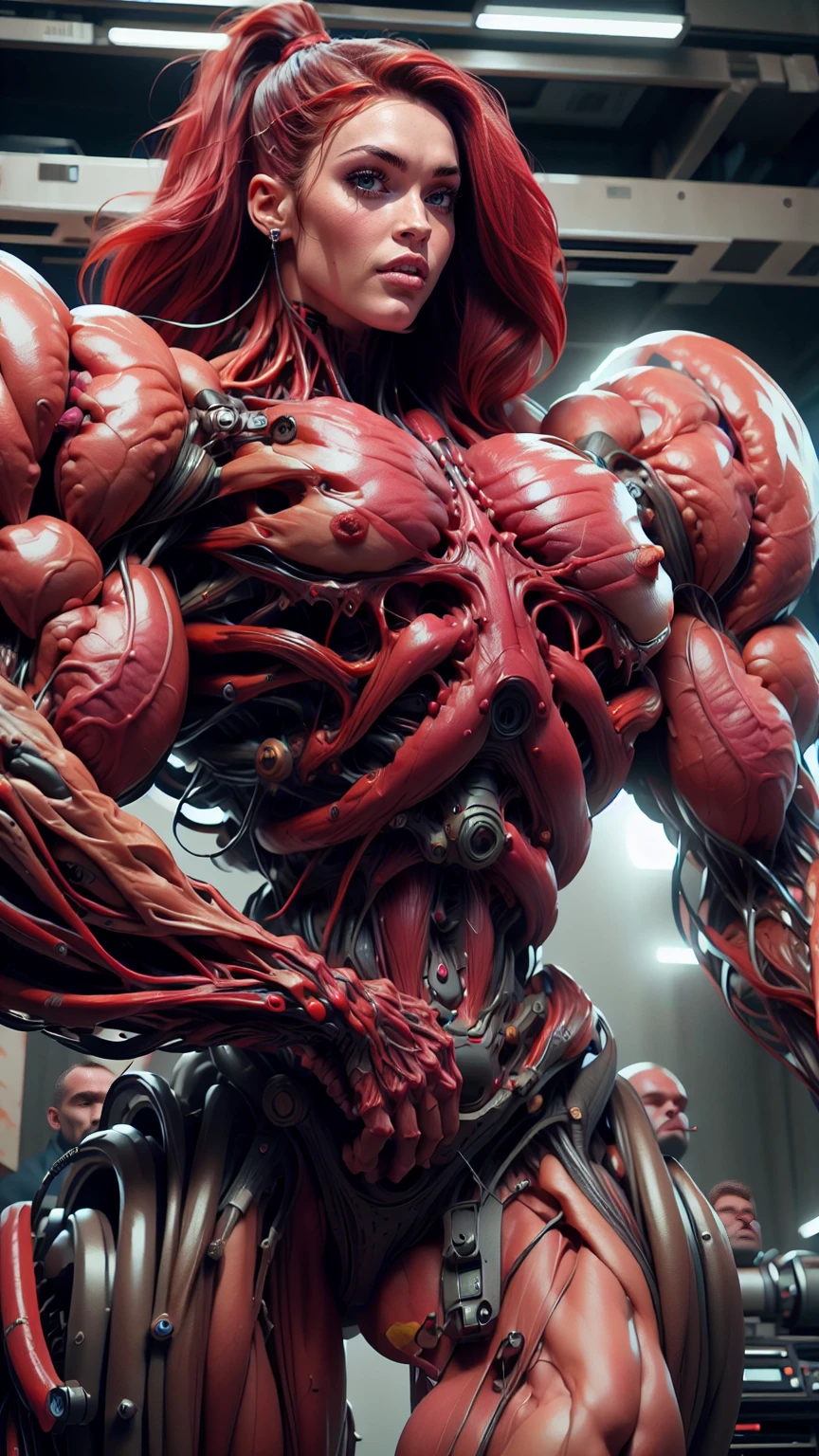 Cinematic, clear facial features and insanely detailed, the image captures the essence of (1 girl), (megan fox:1.25), (long red hair), (carnage skinless physique:1.25), (1 super muscular undead skinless succubus with gigantic horns:1.25), (covered in red necrotic rotting skinless muscle:1.25), (exposed muscles & veins everywhere:1.25), (perfect fingers:1.25) (full body pose:1.25). The color grading is beautifully done, enhancing the overall cinematic feel. Unreal Engine makes her appearance even more mesmerizing. With depth of field (DOF), every detail is focused and accentuated, drawing attention to her eyes and hair. Peak image resolution utilizing super-resolution technology ensures pixel perfection. Cinematic lighting enhances her aura, while anti-aliasing techniques like FXAA and TXAA keep the edges smooth and clean. Adding realism to the muscular bio-mecha succubus , RTX technology enables ray tracing. Additionally, SSAO (Screen Space Ambient Occlusion) gives depth and realism to the scene, the girl's presence even more convincing. In the post-processing and post-production stages, tone mapping enhances the colors, creating a captivating visual experience. The integration of CGI (Computer-Generated Imagery) and VFX (Visual Effects brings out her demonic features seamlessly . Icredible level of detail, with intricate elements meticulously crafted, the artwork hyper maximalist and hyper-realistic. Volumetric effects add depth and dimension, with unparalleled photorealism. 8k resolution rendering ensures super detailed visuals. The volumetric lighting adds a touch of magic, highlighting her beauty and aura in an otherworldly way. High Dynamic Range (HDR) tech makes the colors pop, adding richness to the overall composition. Ultimately, this artwork presents an unreal, yet stunningly real portrayal of an incredibly beautiful bio-mecha succubus girl. The sharp focus ensures that every feature is crisply defined, creating a captivating presence.