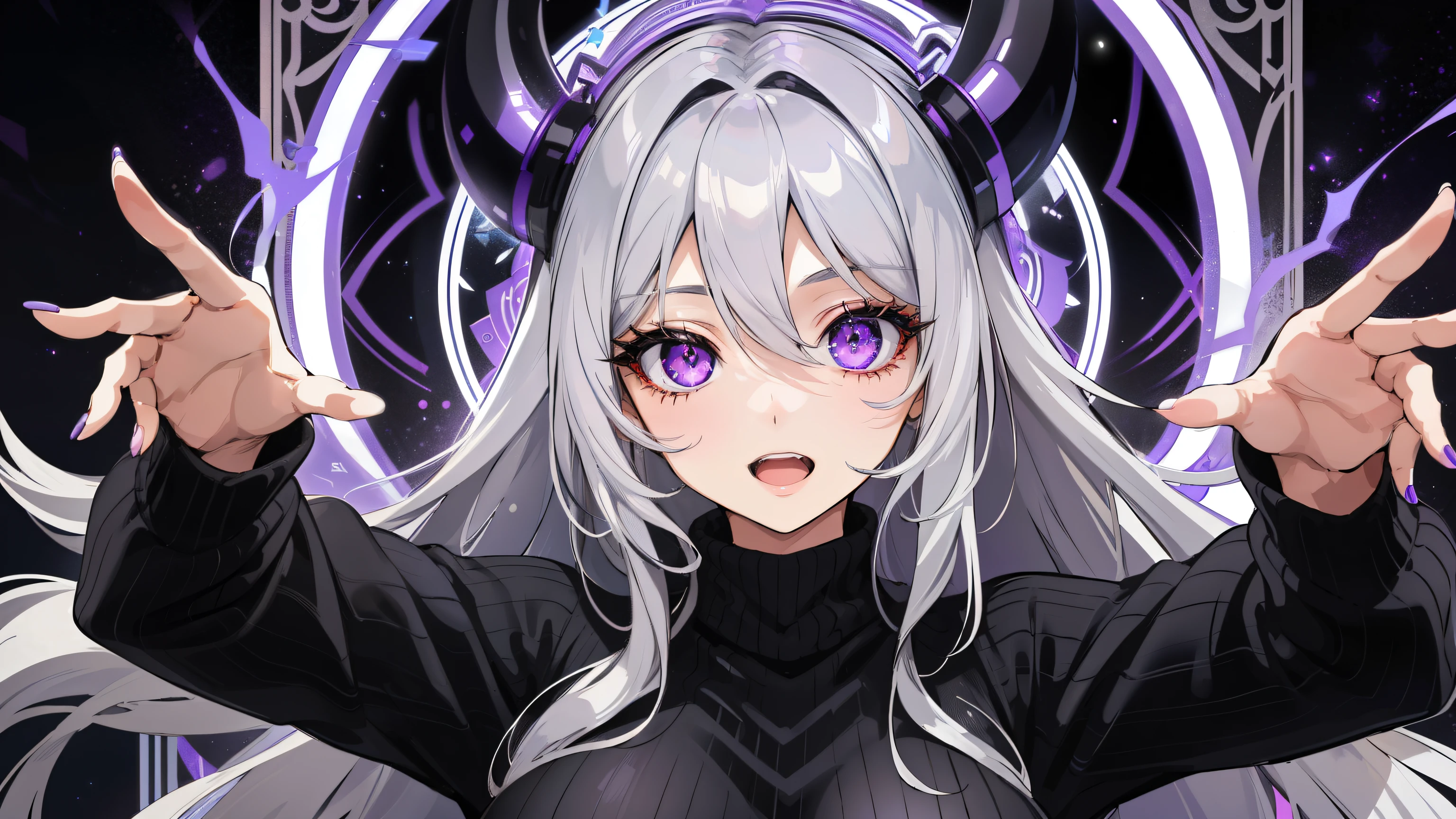 (1 female, long gray hair, big breasts,black sweater,purple eyes, shine, shine eyes, extra eyes, horror \(theme\), Happy) (Digital) (swirl,Mottled pattern,multiple eyes,tarot cards), highest quality, insane