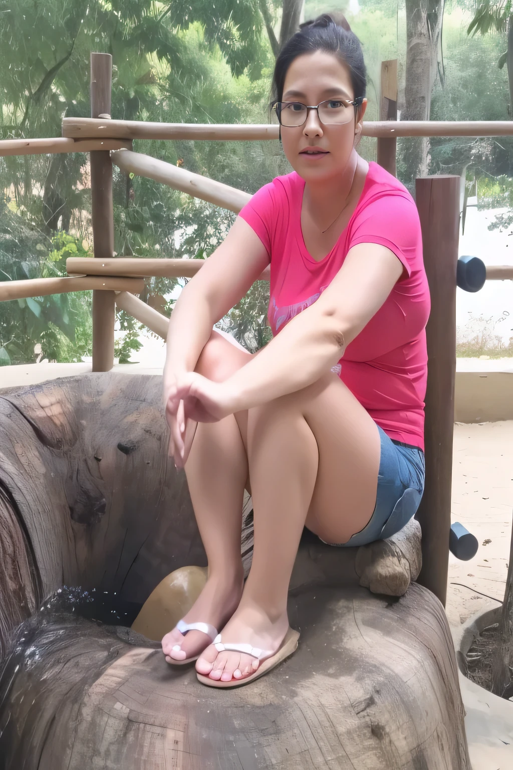 woman sitting on a rock in front of a wooden fence, 40 years old women, sitting on a log, (38 years old), 3 0 years woman, sitting on a tree, 30 years old woman, 3 0 years old woman, 30-year-old woman from cuba, in jungle, 38 years old, about 3
