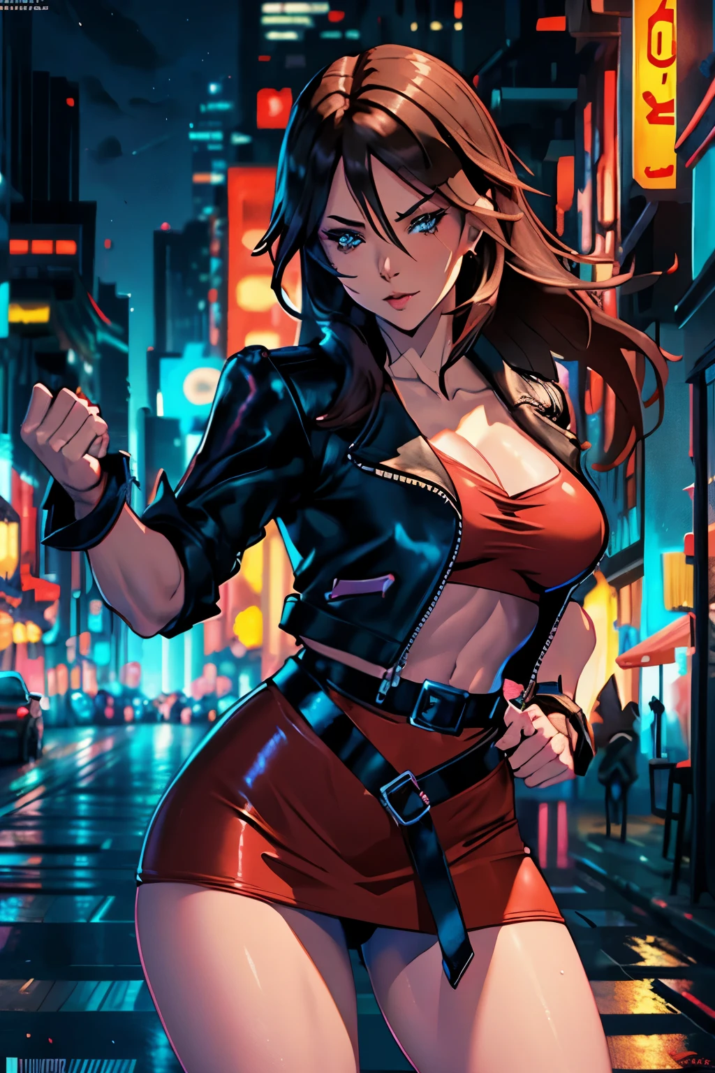 beautiful alluring female brawler, red mini skirt, red top, black leather jacket, black leather belt, long lush brown hair, blue eyes, at a city alley at night, comic Theme, Fiverr Dnd Character, Octane Render, Digital Art, Extreme Detail, 4k, Ultra Hd, Polished, Beautiful, Hyperdetailed, Intricate, Elaborate, Meticulous, Photorealistic, Sharp Focus, Wlop, Character Design, Unreal Engine, 3d Rendered, Volumetric Lighting, Reflections, Glossy, Digital Illustration, Sensual Pose, Suggestive Pose, Lewd, Full Body Shot, anatomically correct, 💖❤💕💋❣