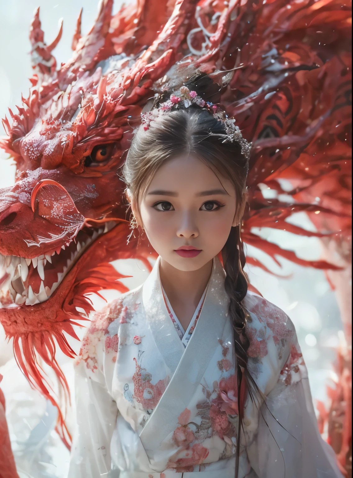 Alafid girl in white and red kimono with a dragon, dragon girl肖像, dragon girl, Chinese fantasy, hanfu, robe with dragon pattern, palace ， Beauty in Hanfu, Chinese girl, yanjun chengt, Chinese style, Red Dragon, traditional Chinese, Inspired by Chen Yifei, white hanfu, xianxia fantasy