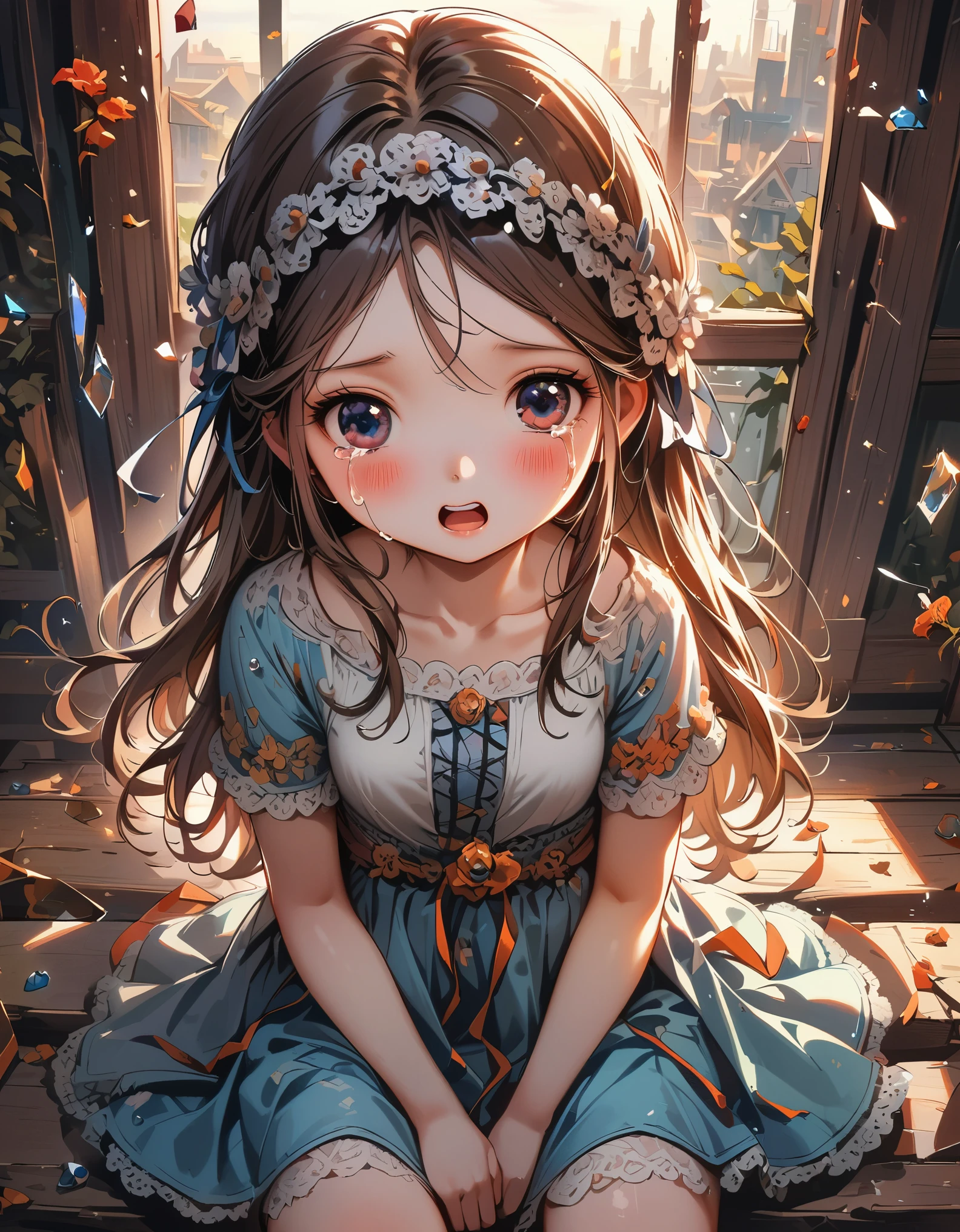 (masterpiece), (best quality), illustration, Super detailed, high dynamic range, depth of field, (rich and colorful), ,girl, alone, skirt, sitting, open mouth, white, Blood, looking at the audience, clavicle, lace, long hair, Bangs, hair between eyes, blue eyes, cry, tears, ribbon, small breasts, cry with eyes open, perspective, teeth, short sleeves, crack, light particles, shattered glass, upper teeth only, indoors, Sunlight, blush, thigh, Face