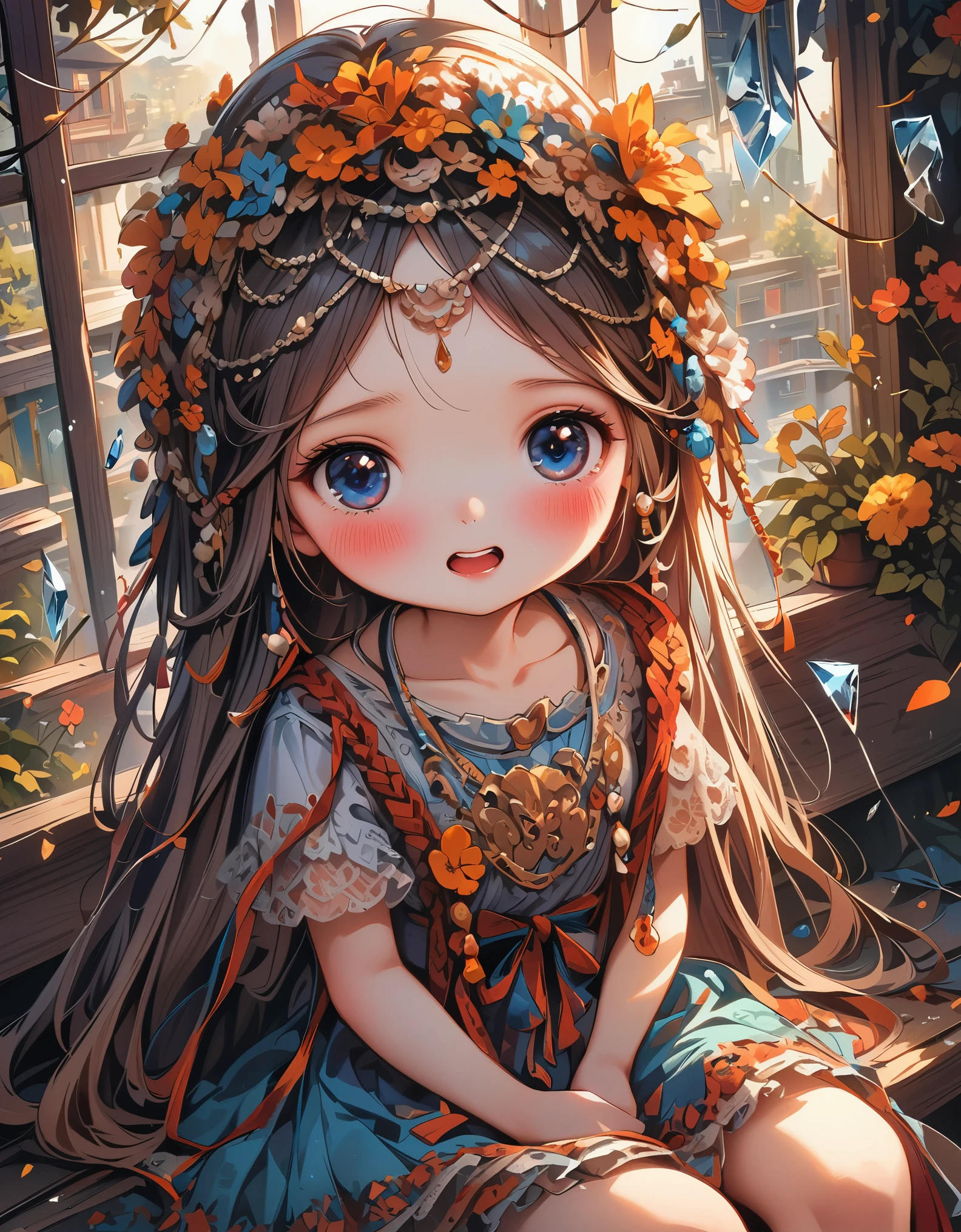 (masterpiece), (best quality), illustration, Super detailed, high dynamic range, depth of field, (rich and colorful), ,girl, alone, skirt, sitting, open mouth, white, Blood, looking at the audience, clavicle, lace, long hair, Bangs, hair between eyes, blue eyes, cry, tears, ribbon, small breasts, cry with eyes open, perspective, teeth, short sleeves, crack, light particles, shattered glass, upper teeth only, indoors, Sunlight, blush, thigh, Face