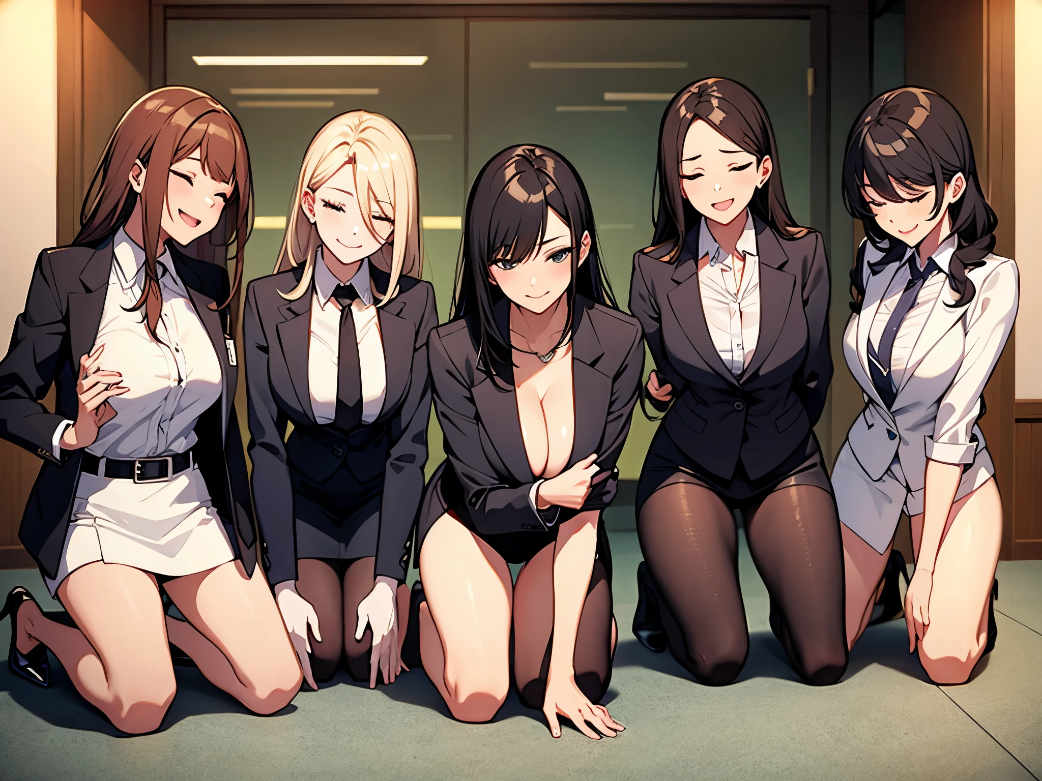 three sexy women in office outfits, flirtatious smiles, kneeling, closed eyes, opened mouths yawning