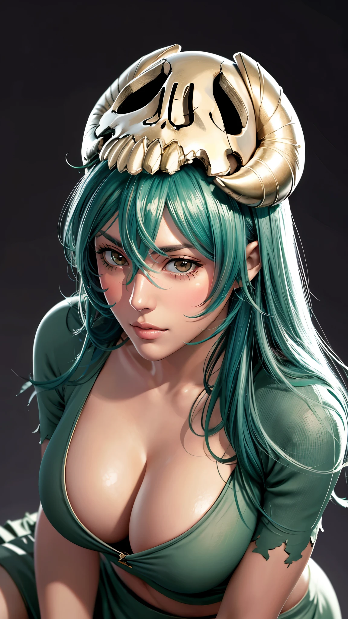 （（（完美figure，figure，odelschwanck，green clothes，（（（nel, long hair, facial mark, large breasts, hair between eyes,  skull,skirt，））），S型figure:1.7））），((masterpiece)),high resolution, ((Best quality at best))，masterpiece，quality，Best quality，（（（ Exquisite facial features，looking at the audience,There is light in the eyes，Happy，***********nterlacing of light and shadow，huge boobs））），（（（looking into camera，black background，）））