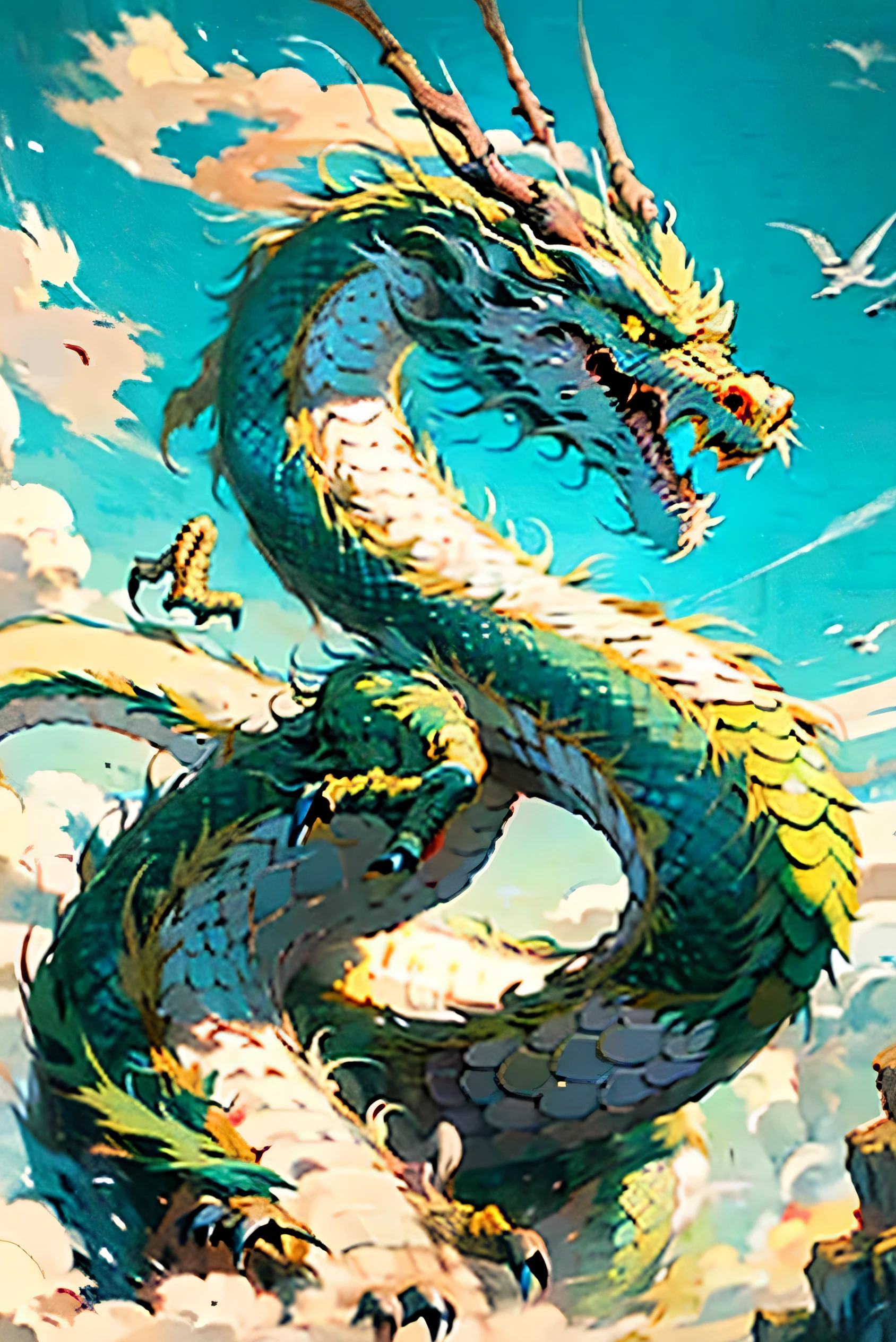 best quality,masterpiece,ultra high resolution,No,no humans, (long:1.2),Sky空, yellow eyes, cloud, scales, Oriental dragon, open mouth, sharp teeth, flight, trumpet, teeth, Sky, paw, fangs, blue Sky空