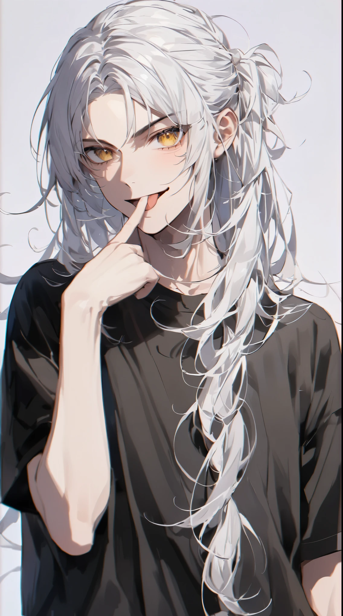 An embarrassed face, a troubled face, Beautiful young man, White hair, yellow eyes, Profile, Touching lips,Black choker,high quality, amount of drawing, pixiv illustration