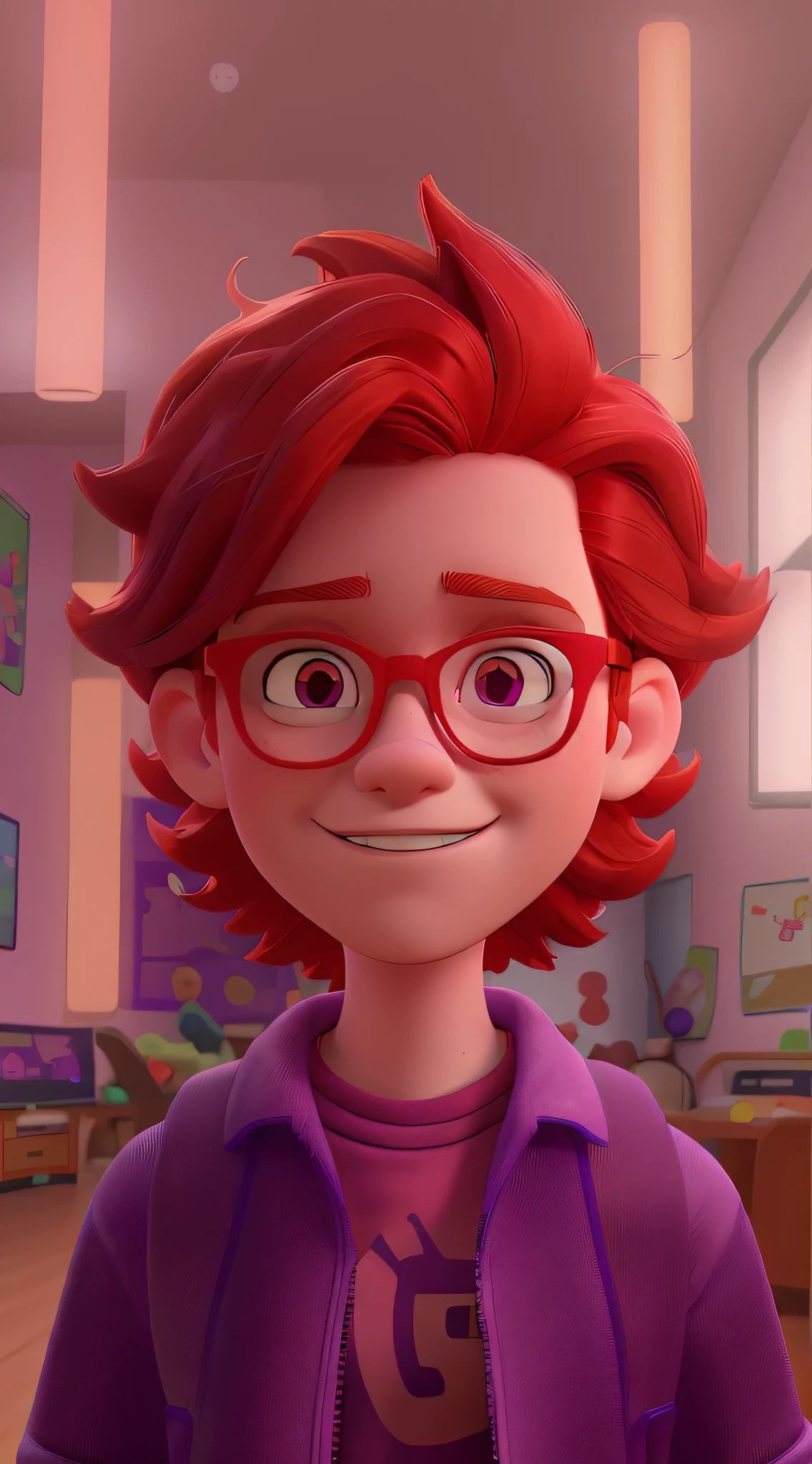 Red-haired ager in glasses and purple jacket in a playroom lit by LED lights