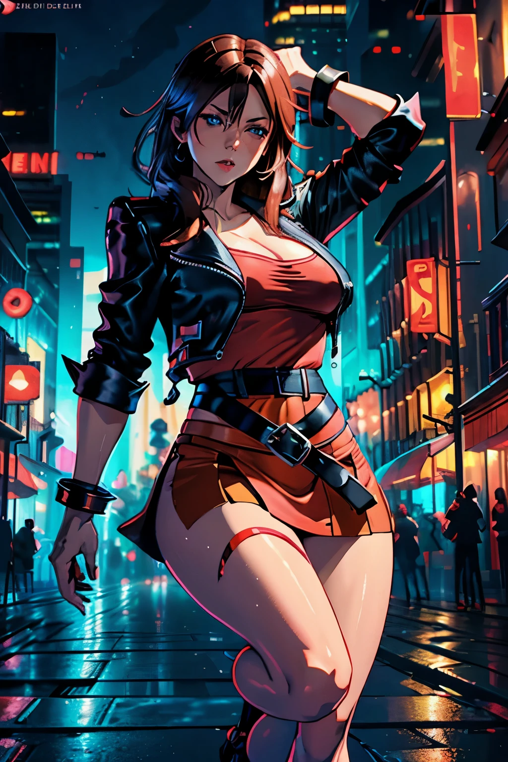 beautiful alluring female brawler, red mini skirt, red top, black leather jacket, black leather belt, long lush brown hair, blue eyes, at a city alley at night, comic Theme, Fiverr Dnd Character, Octane Render, Digital Art, Extreme Detail, 4k, Ultra Hd, Polished, Beautiful, Hyperdetailed, Intricate, Elaborate, Meticulous, Photorealistic, Sharp Focus, Wlop, Character Design, Unreal Engine, 3d Rendered, Volumetric Lighting, Reflections, Glossy, Digital Illustration, Sensual Pose, Suggestive Pose, Lewd, Full Body Shot, anatomically correct, 💖❤💕💋❣