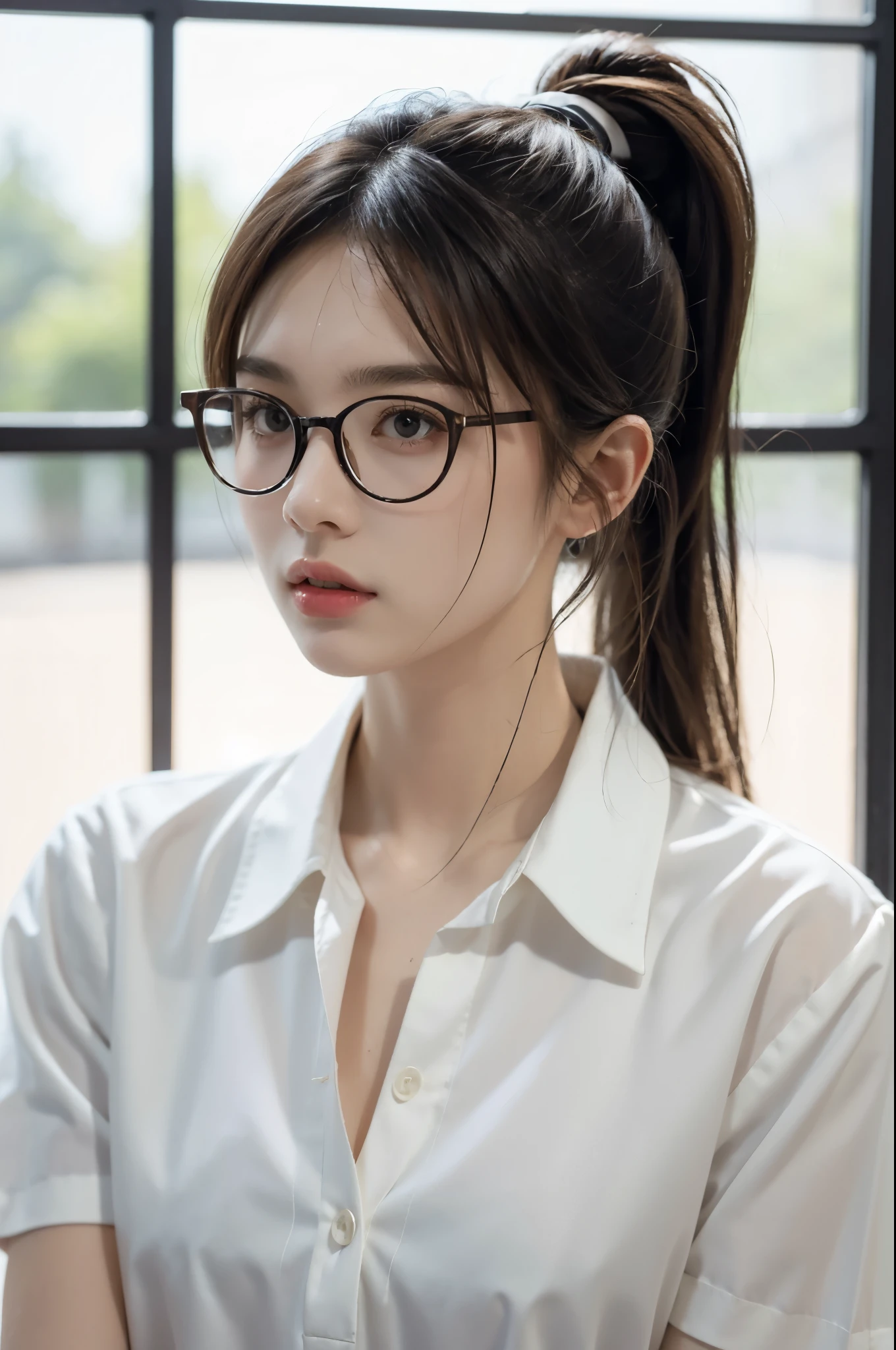 best quality, ultra detailed, masterpiece, illustration, 1girl, solo,glasses,realistic, looking at viewer, white collared shirt, short ponytail, lips, ons, badminton racket, upper body,from front