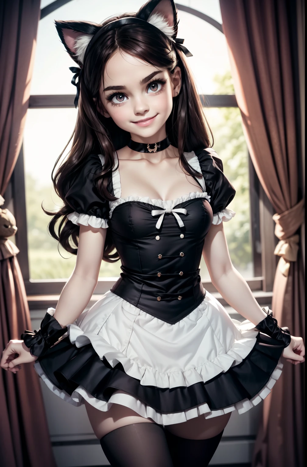 very young slim fit girl, at full height, rounded face, very long disheveled dark brown hair, big brown eyes, shy smile, perfect flat breast, band on head with fake cat ears, gothic ****ta, parororo, puffy sleeves, short sleeves, choker, frills, bows, ribbons, close microdress, very short dress
