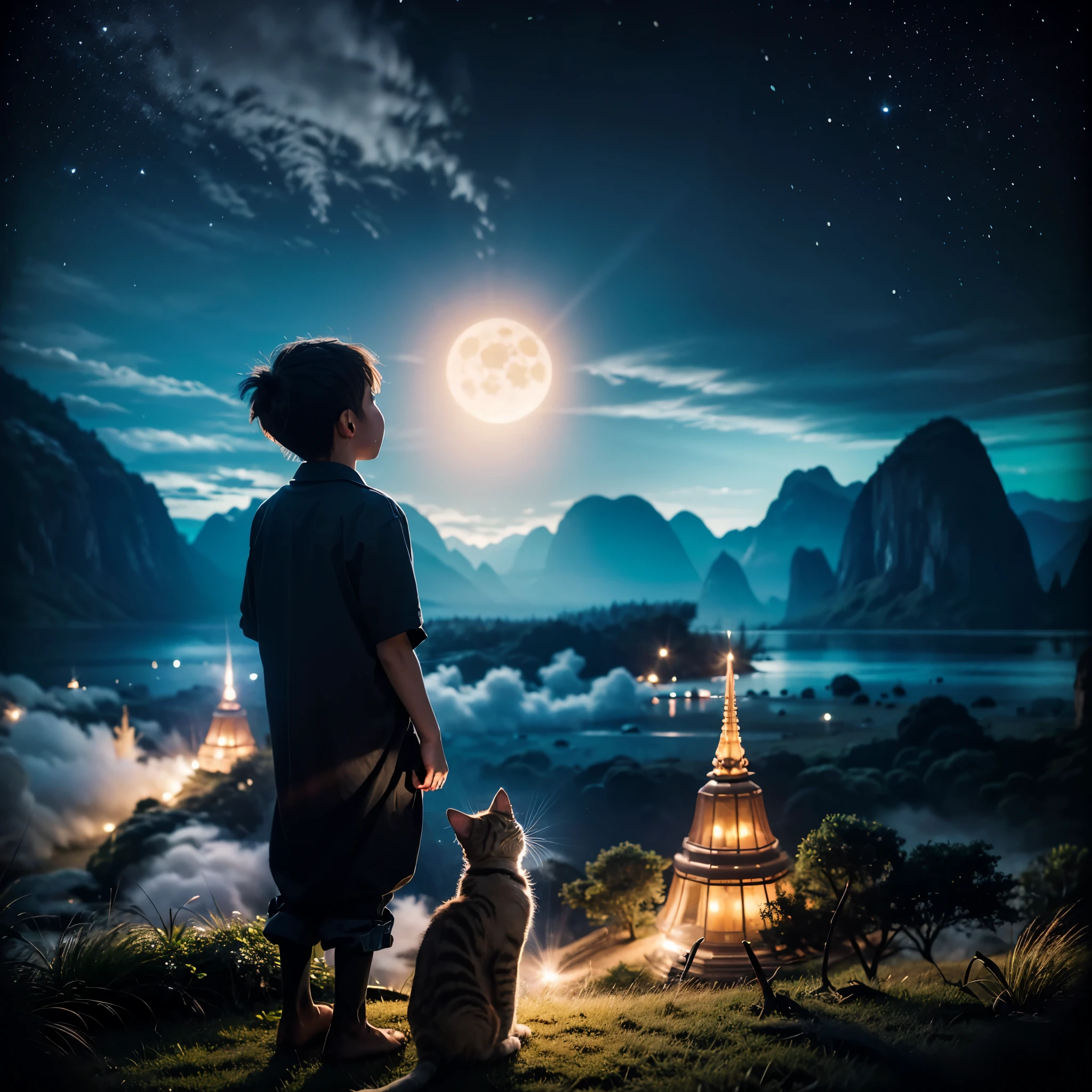 (8k, top quality, masterpiece: 1.2), (realistic, photography: 1.37), super detail, Full moon sky, night sky, Boy looking up at the sky, hold a cat, Intricate details, Soft lighting, Vibrant colors, Peaceful atmosphere, Tranquil Mood, serene environment, The harmony between nature and human existence, cinematic grading, Incomplete details, Shot with Leica, analogue, 35 mm:: (Artistic light leakage:1.4), Lens Flare::4 - Style Raw