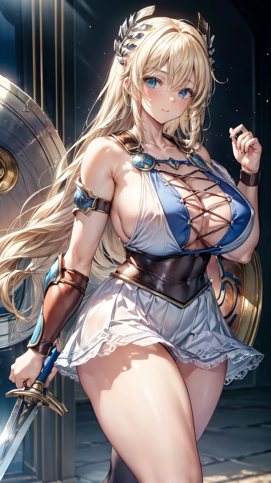 sensual, long blonde hair, thick thighs, 8K, 4k, highest quality, (High resolution:1.6), cute anime face, noise reduction, (shining blue eyes, gentle smile, kind eyes)、toned abdominal muscles, muscular arms, muscular legs, young face, anime eyes, Sophitia Alexandra、(holding a sword in the right hand:1.5)、(Equipped with a shield on the left arm:1.5)、(SFW huge body:1.8)、knee high tights、beautiful hands、High leg cut thong