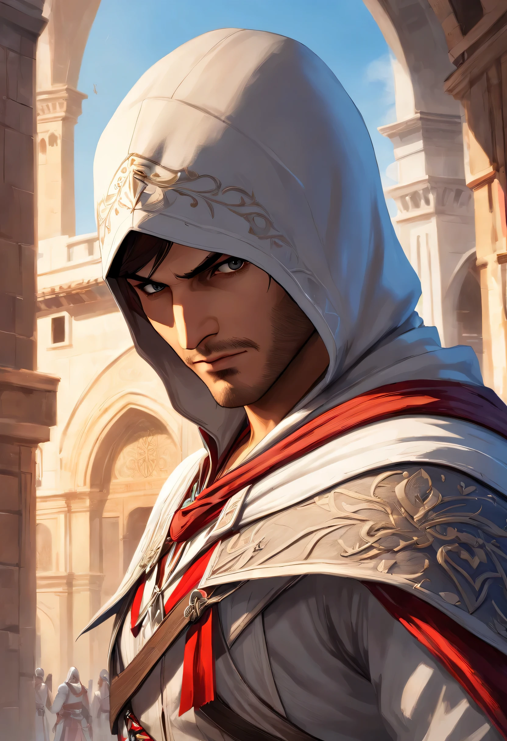 Un retrato exquisito de Ezio Auditore, the iconic character of the game series "credo del asesino". Capturando su personalidad feroz y decidida., esta obra maestra (Mejor calidad, 4k, high resolution) shows ultra detailed features, dando vida al asesino del Renacimiento. 

Featuring a stunning combination of oil painting and photorealistic rendering., El medio utilizado en esta obra de arte eleva su impacto visual.. Vibrant colors and sharp focus accentuate every intricate detail., desde los penetrantes e hipnotizantes ojos color avellana de Ezio hasta sus rasgos faciales definidos. Los ojos, siendo bellamente detallado, Emitir un aura de inteligencia e intensidad..

Dressed in the traditional assassin&#39;s robe., Ezio&#39;s outfit exhibits impeccable craftsmanship and attention to detail.. The combination of dark tones and touches of gold embroidery adds elegance to the overall composition.. La textura de la tela es realista., invoking a sense of tactile realism.

With a backdrop of historic Italian architecture, la escena nos sumerge en la Florencia renacentista, dando un vistazo al mundo en el que habita Ezio. The soft glow of the studio lighting highlights your silhouette., creating a dramatic and mysterious atmosphere. Las sombras bailan intrincadamente a su alrededor., adding depth and dimension to the composition.

This extraordinary artwork combines the essence of both the credo del asesino universe and classical artwork techniques. Retrata a Ezio de una manera que encarna su encanto., Sigilo, and unwavering determination. The composition successfully captures the spirit of the game., inviting viewers to embark on an epic journey through Ezio&#39;s adventures in the world of the Renaissance..

Let this artwork transport you into the captivating realm of credo del asesino, where history and fantasy intertwine. Experience the emotion of Ezio Auditore&#39;s story, as esta obra maestra ignites your imagination and leaves you in awe of the credo del asesino legacy.