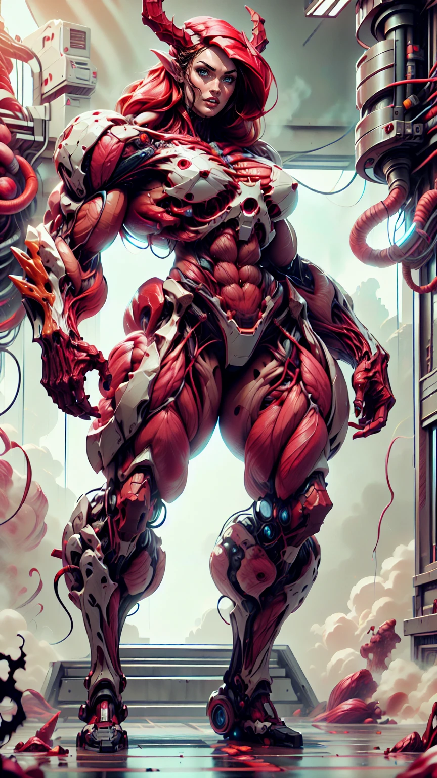 Cinematic, clear facial features and insanely detailed, the image captures the essence of (1 girl), (megan fox:1.25), (long red hair), (carnage skinless physique:1.25), (1 super muscular undead skinless succubus with gigantic horns:1.25), (covered in red necrotic rotting skinless muscle:1.25), (exposed muscles & veins everywhere:1.25), (perfect fingers:1.25) (full body pose:1.25). The color grading is beautifully done, enhancing the overall cinematic feel. Unreal Engine makes her appearance even more mesmerizing. With depth of field (DOF), every detail is focused and accentuated, drawing attention to her eyes and hair. Peak image resolution utilizing super-resolution technology ensures pixel perfection. Cinematic lighting enhances her aura, while anti-aliasing techniques like FXAA and TXAA keep the edges smooth and clean. Adding realism to the muscular bio-mecha succubus , RTX technology enables ray tracing. Additionally, SSAO (Screen Space Ambient Occlusion) gives depth and realism to the scene, the girl's presence even more convincing. In the post-processing and post-production stages, tone mapping enhances the colors, creating a captivating visual experience. The integration of CGI (Computer-Generated Imagery) and VFX (Visual Effects brings out her demonic features seamlessly . Incredible level of detail, with intricate elements meticulously crafted, the artwork hyper maximalist and hyper-realistic. Volumetric effects add depth and dimension, with unparalleled photorealism. 8k resolution rendering ensures super detailed visuals. The volumetric lighting adds a touch of magic, highlighting her beauty and aura in an otherworldly way. High Dynamic Range (HDR) tech makes the colors pop, adding richness to the overall composition. Ultimately, this artwork presents an unreal, yet stunningly real portrayal of an incredibly beautiful bio-mecha succubus girl. The sharp focus ensures that every feature is crisply defined, creating a captivating presence. (girl face:1.45)