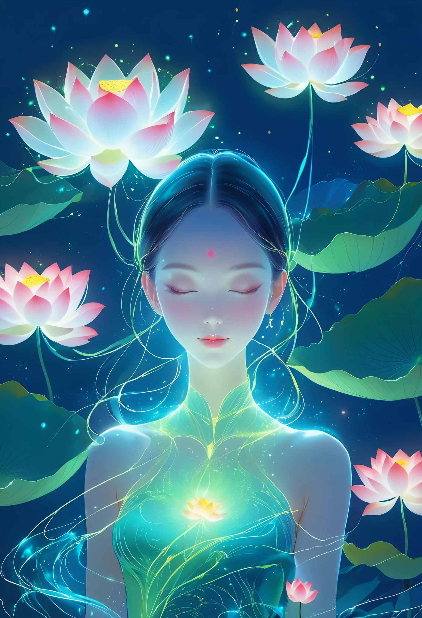 (masterpiece, best quality:1.2), In digital art style, charming illustration,1 girl, grace，alone，body glow，Glowing lotus，Glowing lines，fluorescence,glow example，Example tracking，flash，萤light particles，Backlight，Translucent，light particles，Correct human anatomy，