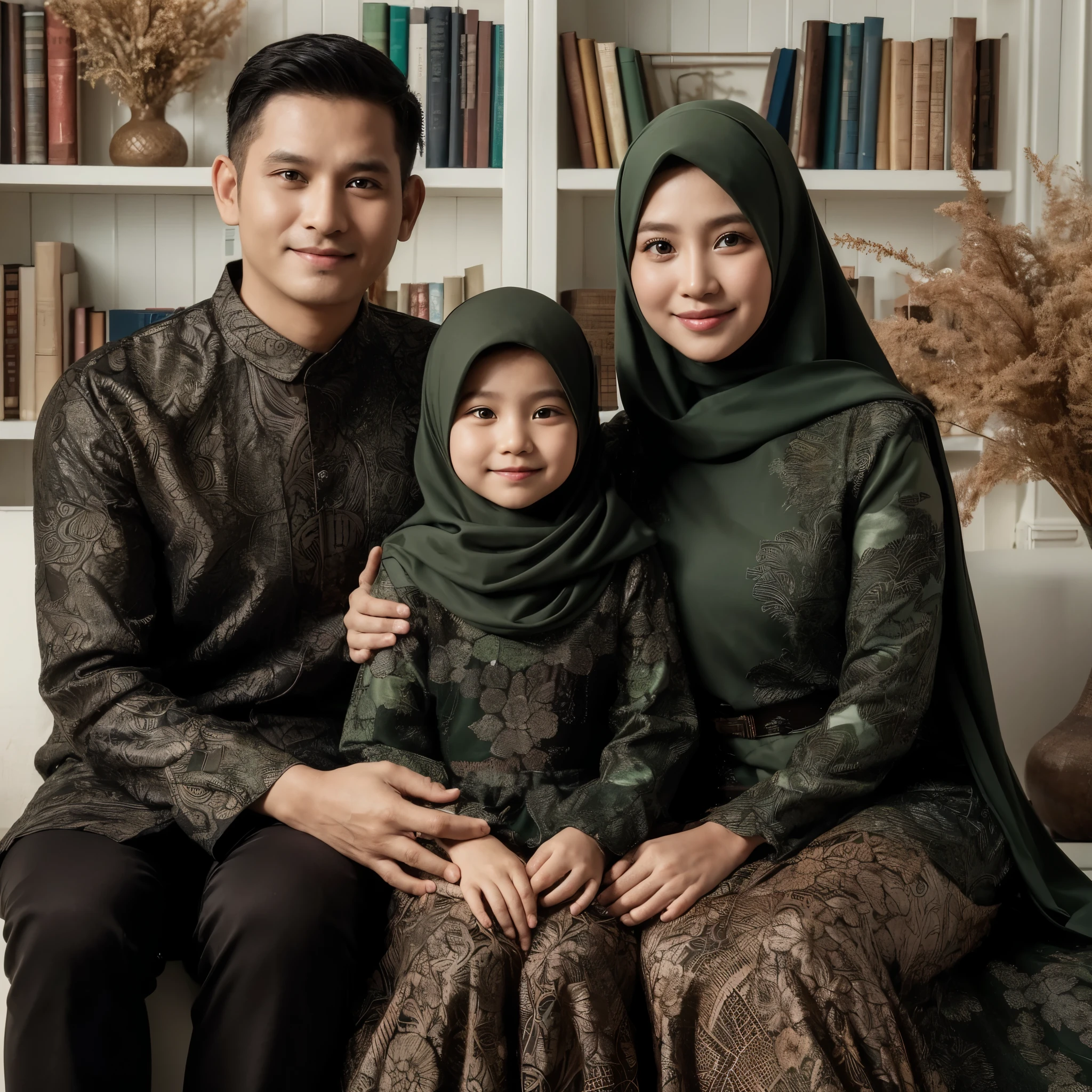 Family photo of Indonesia, three members. Father aged 35, mother aged 30, and a 6-year-old daughter. They are wearing matching green batik clothes and long dresses, detailed, sharp, UHD, 8K.