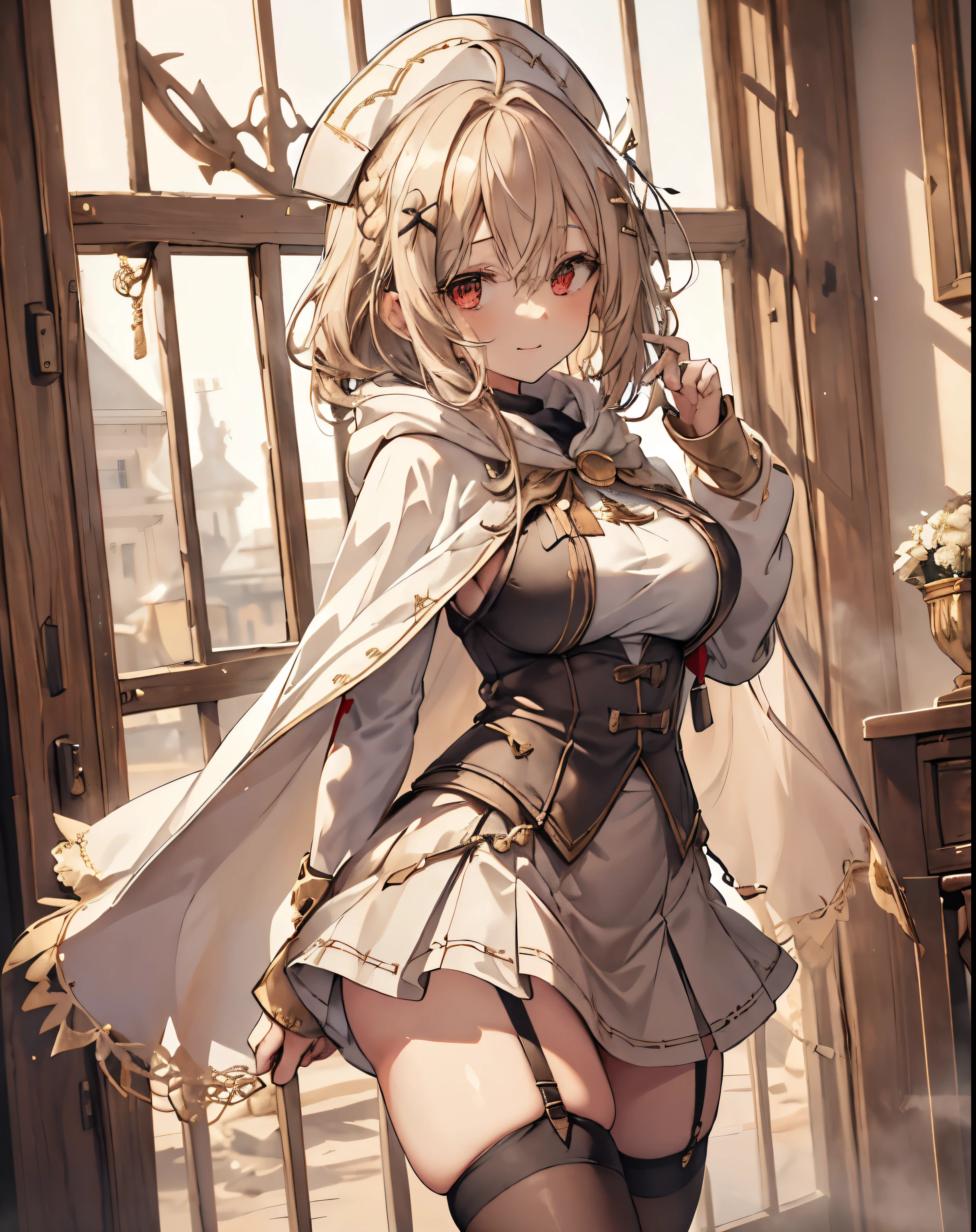 masterpiece, 1girl, sparrow, a blonde haired girl, wearing a white medieval priestess clothes, curly medium hair, messy hair, slim body, wearing golden capelet with hoody, he close her left eye, shirt ornament, seductive smile, red eyes, ahoge, black vest, baby , big breast, beautiful breasts, rounded breasts, braid hair, white nurse cap, long sleeves, seductive eyes, white stocking, droopy eyes, miniskirt, brown skirt, plaid skirt, ass, beautiful ass, rounded ass, she standing while holding tbale