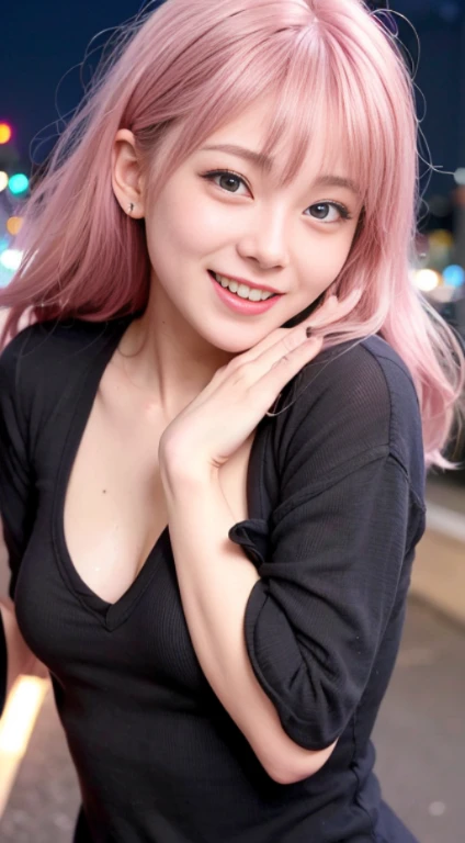 1 girl、Tokyo street、night、cityscape、city lights、Upper body、close up shot、blue eyes,full body,face、(laughter:1.5)、small breasts、high 、black long sleeve、(8K、RAW photo、highest quality、masterpiece:1.2)、(realistic、photo realistic:1.37), (pink hair), ear hair, , single blade, (single blade), (side blade)、