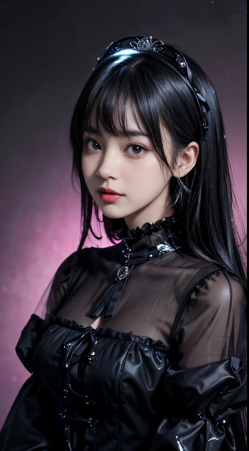 top-quality　​masterpiece　8K  ultra-detailed face　One woman wearing colorful Gothic Lolita　Full body photo　kawaii pose　Sexy Pictures　Focus on the face　Close-range photography　profetional lighting　Vibrant photo　Happy expression　Sullen expression　Ecstatic look Sex appeal　Shiny wet crow hair　Gloss　Bruises and cuteness　Unreality　absurderes　Heavy bangs　Lots of skin tones   Cute