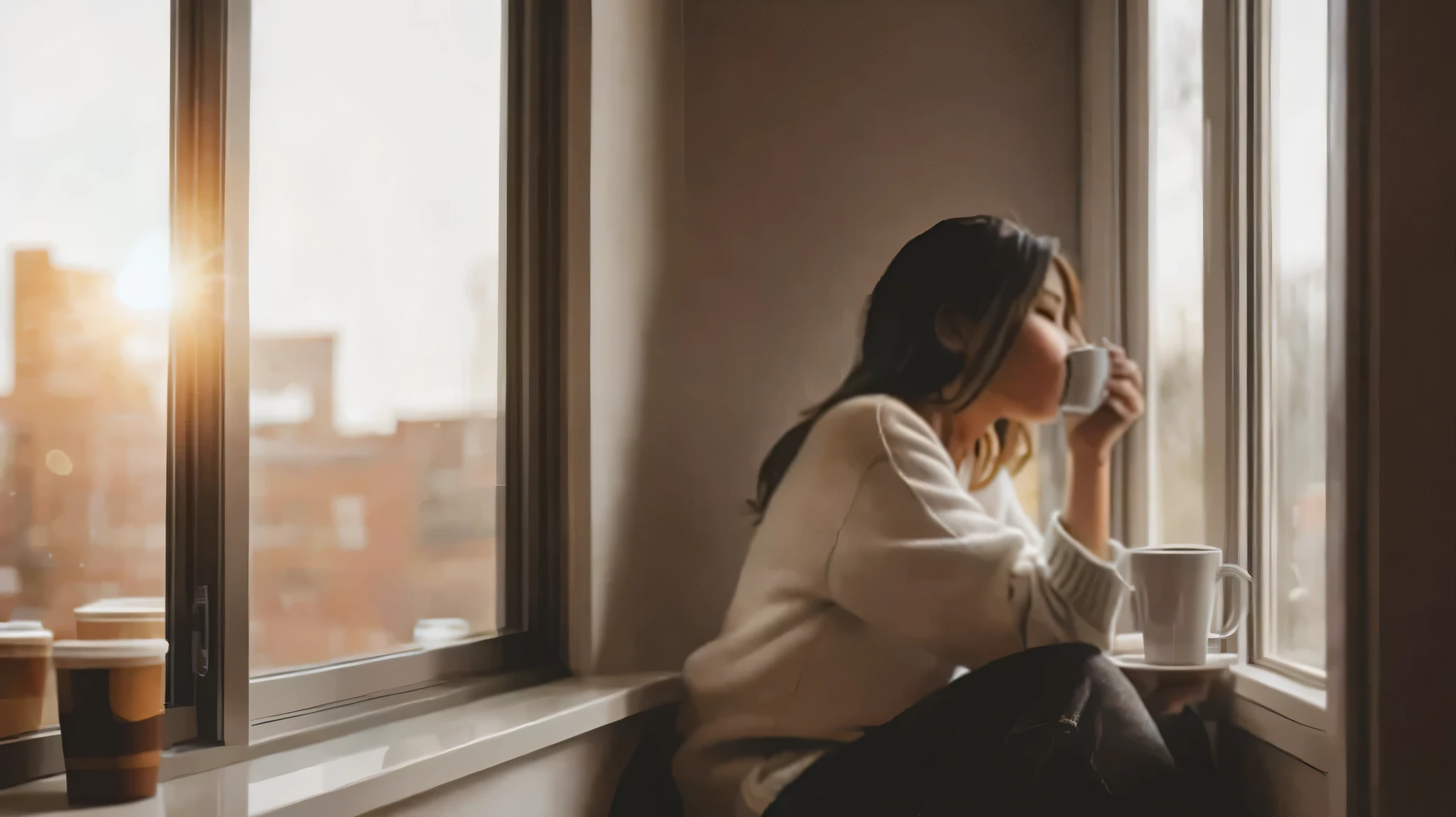 there is a woman sitting on the window sill with a cup of coffee and a donut, afternoon time, morning time, early morning mood, shape!, Before noon, afternoon, woman drinking coffee, morning coffee, in the morning, sitting on the window sill, thoughtful ), Golden hour in the morning, cozy atmosphere, portrait of morning coffee, advertising image, morning mood