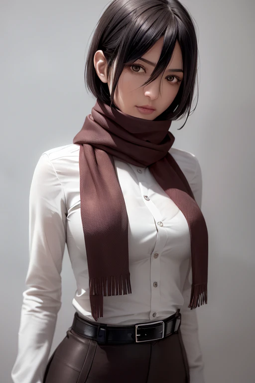 masterpiece, (realistic:1.4), highest quality, beautiful lighting, 
Mikasa Ackerman, shingeki no kyojin, 1 girl, bangs, belt, belt buckle, black eye, black hair, brown belt, brown Jacket, buckle, dress shirt, hair between eyes, Jacket, long sleeve, medium hair, open clothes, open Jacket, paradis military uniform, red scarf, scarf, shirt, alone, Are standing, straight hair, suspenders, white background, white shirt, wing collar
, intricate details, Natural light, Raw photo, 8k uh, film grain ,naked