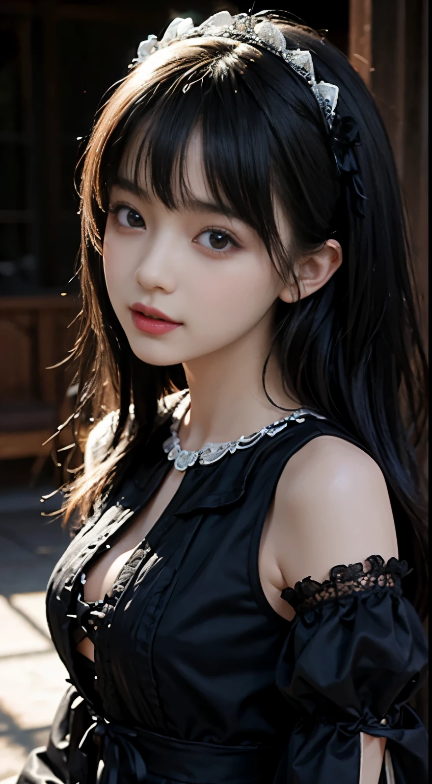 top-quality　​masterpiece　8K  ultra-detailed face　One woman wearing colorful Gothic Lolita　Full body photo　kawaii pose　Sexy Pictures　Focus on the face　Close-range photography　profetional lighting　Vibrant photo　Happy expression　Sullen expression　Ecstatic look Sex appeal　Shiny wet crow hair　Gloss　Bruises and cuteness　Unreality　absurderes　Heavy bangs　Lots of skin tones   Cute