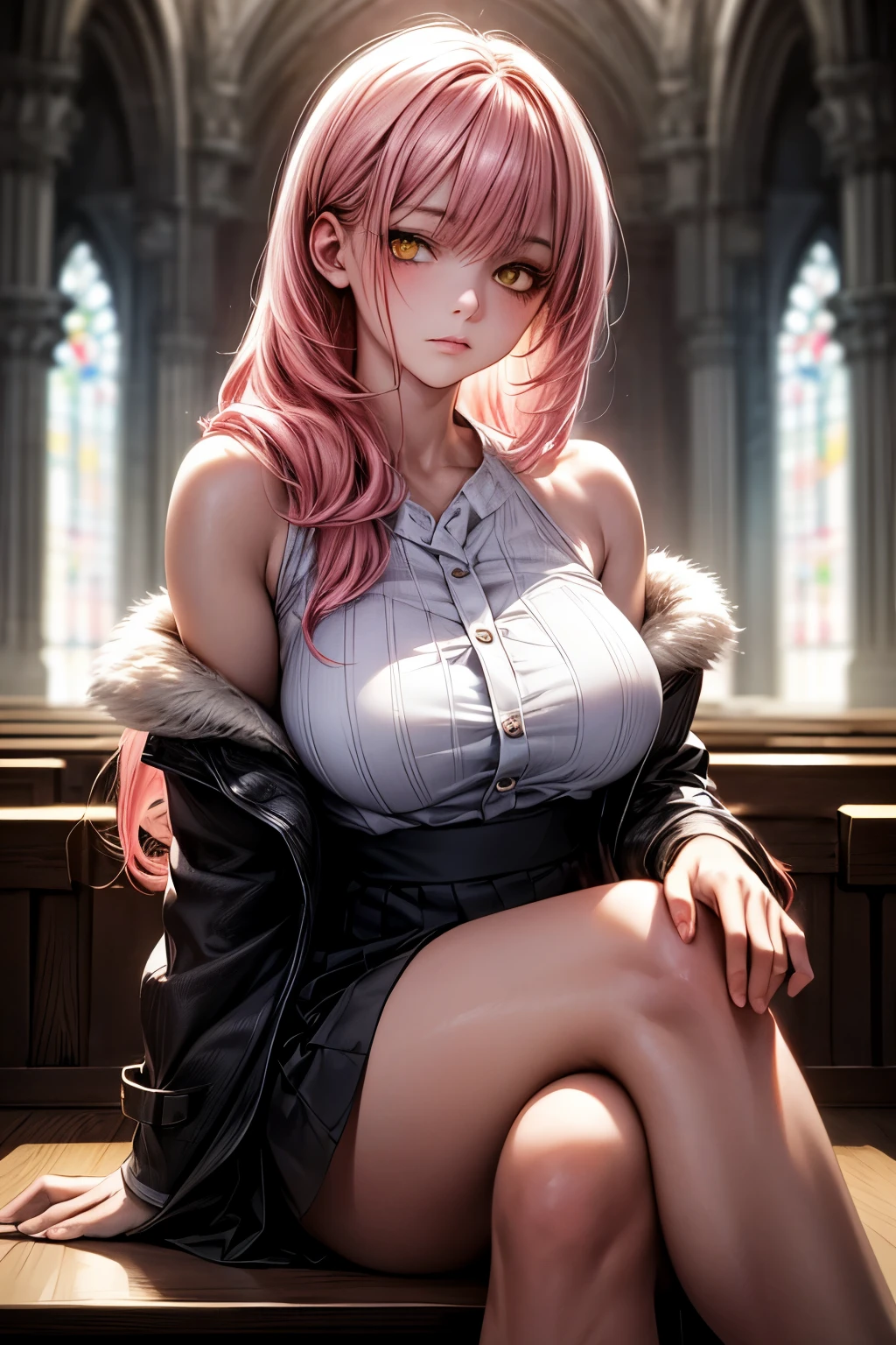 (masterpiece:1.2, top-quality), (realistic, photorealistic:1.4), beautiful illustration, (natural side lighting, movie lighting), depth of fields, back lighting, looking at viewer, 1 girl, japanese, high chool girl, , perfect face, cute and symmetrical face, shiny skin,
(long hair), asymmetrical bang, long eye lasher, cute round face, beautiful make up,
beautiful hair, beautiful face, beautiful detailed eyes, beautiful clavicle, beautiful body, beautiful chest, beautiful thigh, beautiful legs, beautiful fingers, (large breasts),(wide hips),Detail view, mature woman, got it_\(green_archive\), cute face, sitting, crossed legs, Hello, pink hair, long hair, white button shirt, black skirt, huge breasts, orange eyes, bangs, yellow eyes, bare shoulders, fur-trimmed coat on the shoulders, emotionless expression, indoors, Empty chapel,