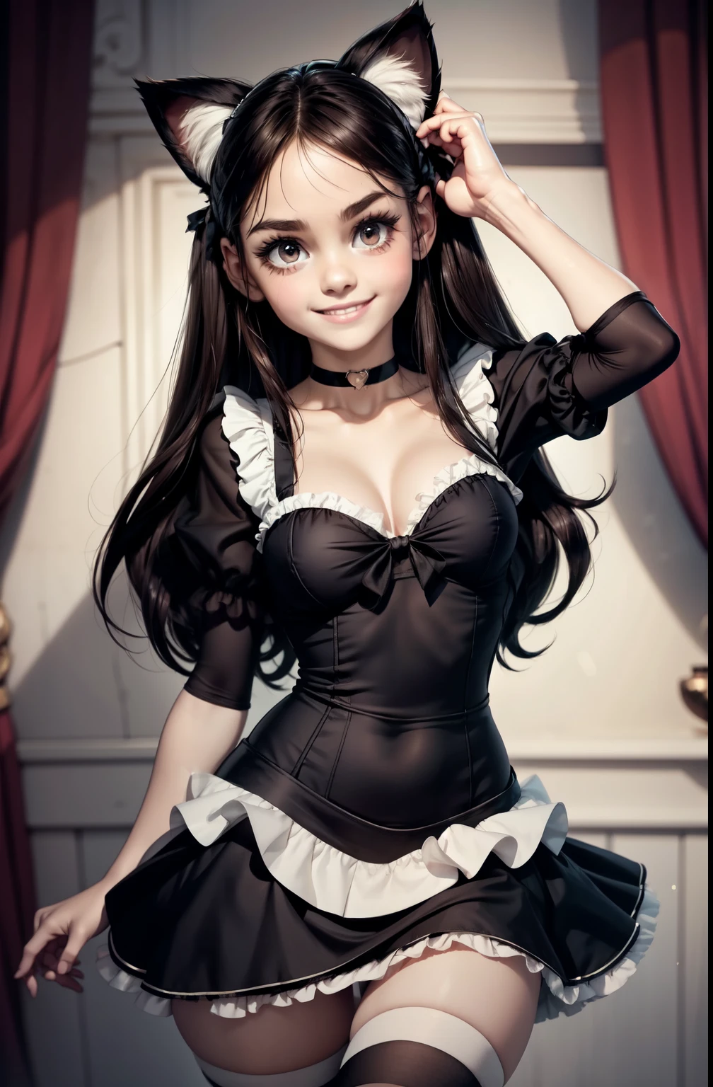 very young slim fit girl, at full height, rounded face, very long disheveled dark brown hair, big brown eyes, shy smile, perfect flat breast, band on head with fake cat ears, gothic ****ta, parororo, puffy sleeves, short sleeves, choker, frills, bows, ribbons, close microdress, very short dress 