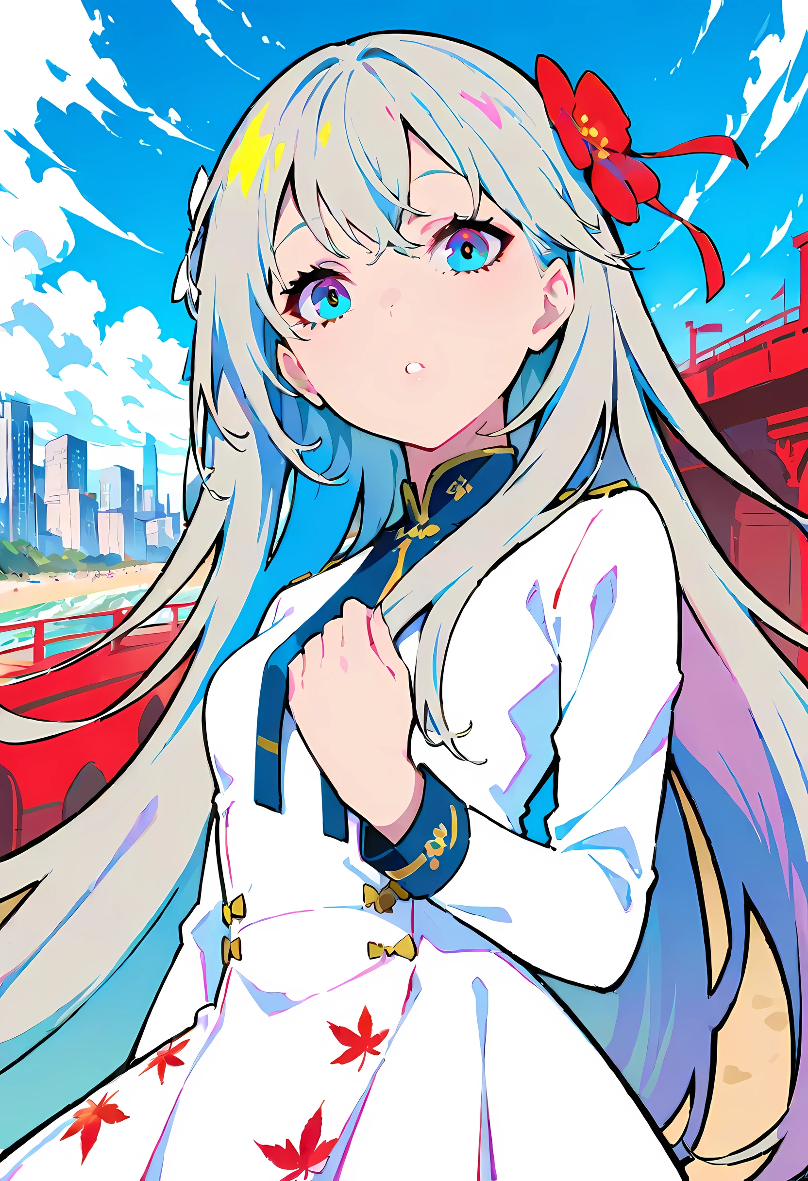 masterpiece,((clear lines)), limited color palette,best quality, flat color, low contrast, ((1 girl)),(((An extremely delicate and beautiful girl))),(Beautiful and delicate face),(beautiful and delicate eyes),{long hair},hair accessories,((medium bust)),黑色long hair,headband,uniform , eternal,((looking at the audience:1.6)), view from below,beautiful detailed sky,bright sky,cloudy sky,SunLight, (detail Light),Light,colorful,ocean,beach, bridge,on the way to school,skyscrapers, autumn, haze