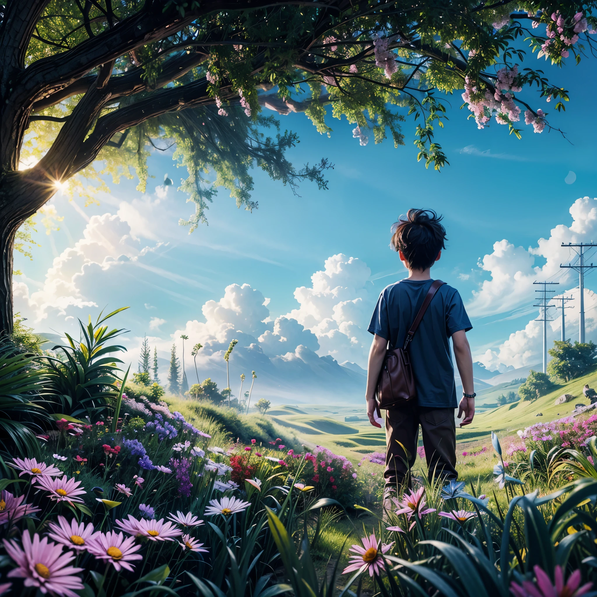 (highres,best quality,4k,ultra-detailed),a boy standing on the grass in the early morning, (realistic,photorealistic:1.37) blue sky, (gentle breeze, softly blowing flowers blossoming)
