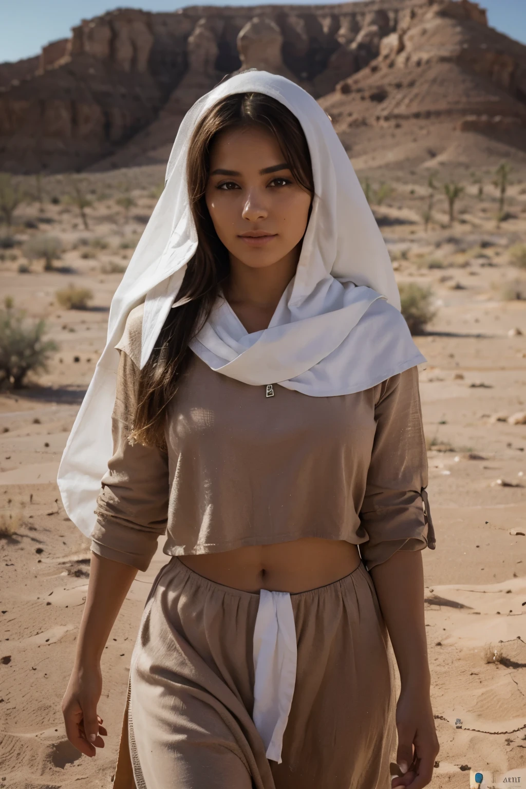 (melhor qualidade: 1.4), (Ultra high resolution: 1.2), (fotorrealista: 1.4), (8k, Foto CRU: 1.2). mulher de longos cabelos castanho-claros, with characteristics of Mary Magdalene, with his head covered by his clothes from the time of Jesus Christ, com olhar humilde e parcialemente cabisbaixo, walking through the desert against the camera
