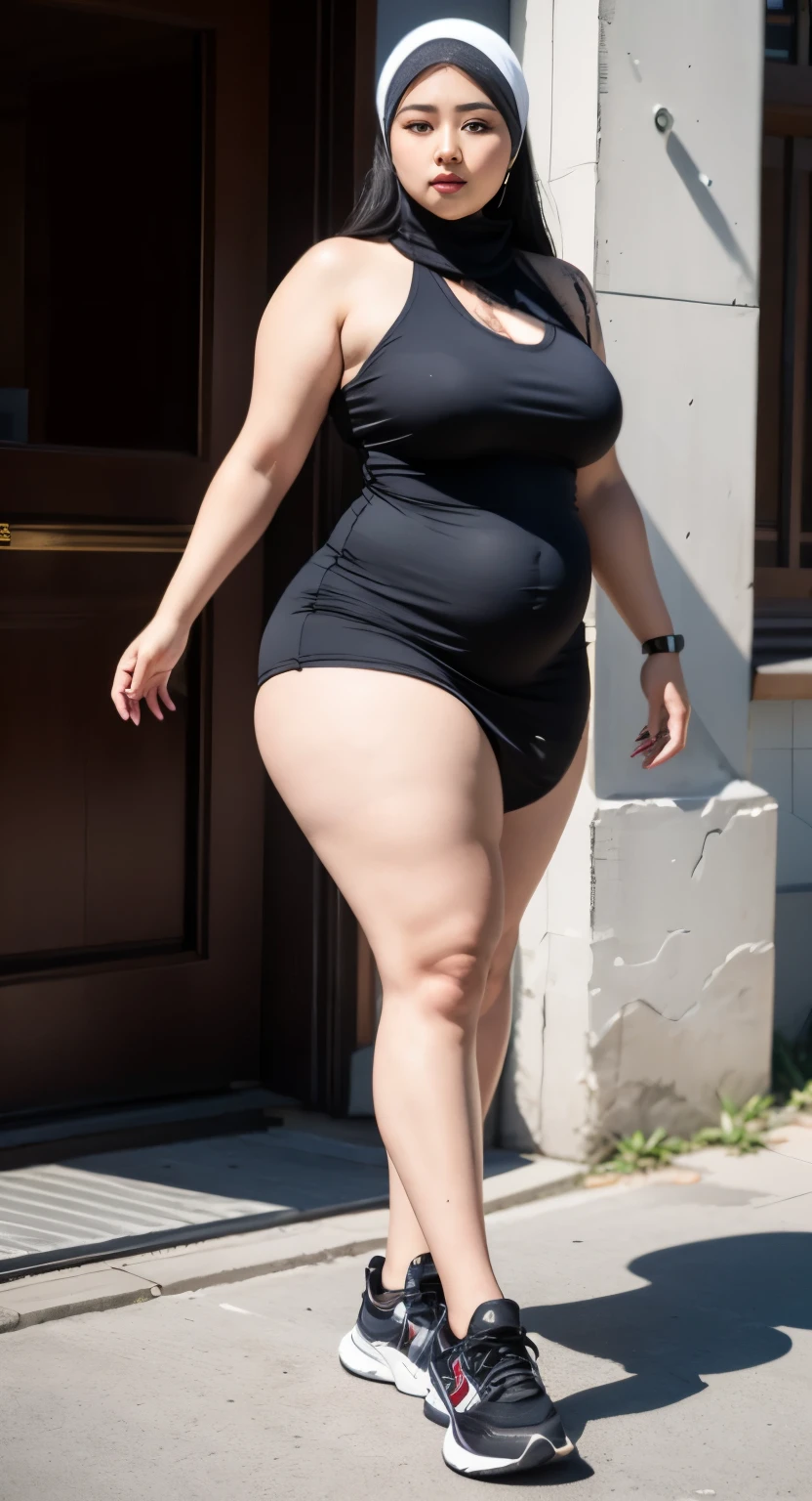 ((best quality)), ((masterpiece)), (detailed), perfect face, araffe woman in a dark-blue dress walking down a street, thicc, she has a jiggly fat round belly, bbwchan, wearing dress, skinny waist and thick hips, widest hips, her belly is fat and round, soft curvy shape, hyperrealistic full figure, wearing a cute dress , wide hips, cropped shoulders,Bare belly,(big assa:0.7),show legs,, thicc, beautiful thick female, beautiful curvy female,, Tall and tall,clear curvy details, curvy hourglass figure, alluring plus sized model, bbwchan, Voluptious body, Curvy model, Curvy body, Be red in the face, 1girll, a matural female, A MILF, the golden ratio,(Kpop idol),(Oil skin:0.72),(Oil skin:1.1), iremuzi tattoos on thighs, big tattoo on thighs, japanese goddess , korean Goddess , milky white skin, wearing hijab clothes, wearing sneakers , perfect face