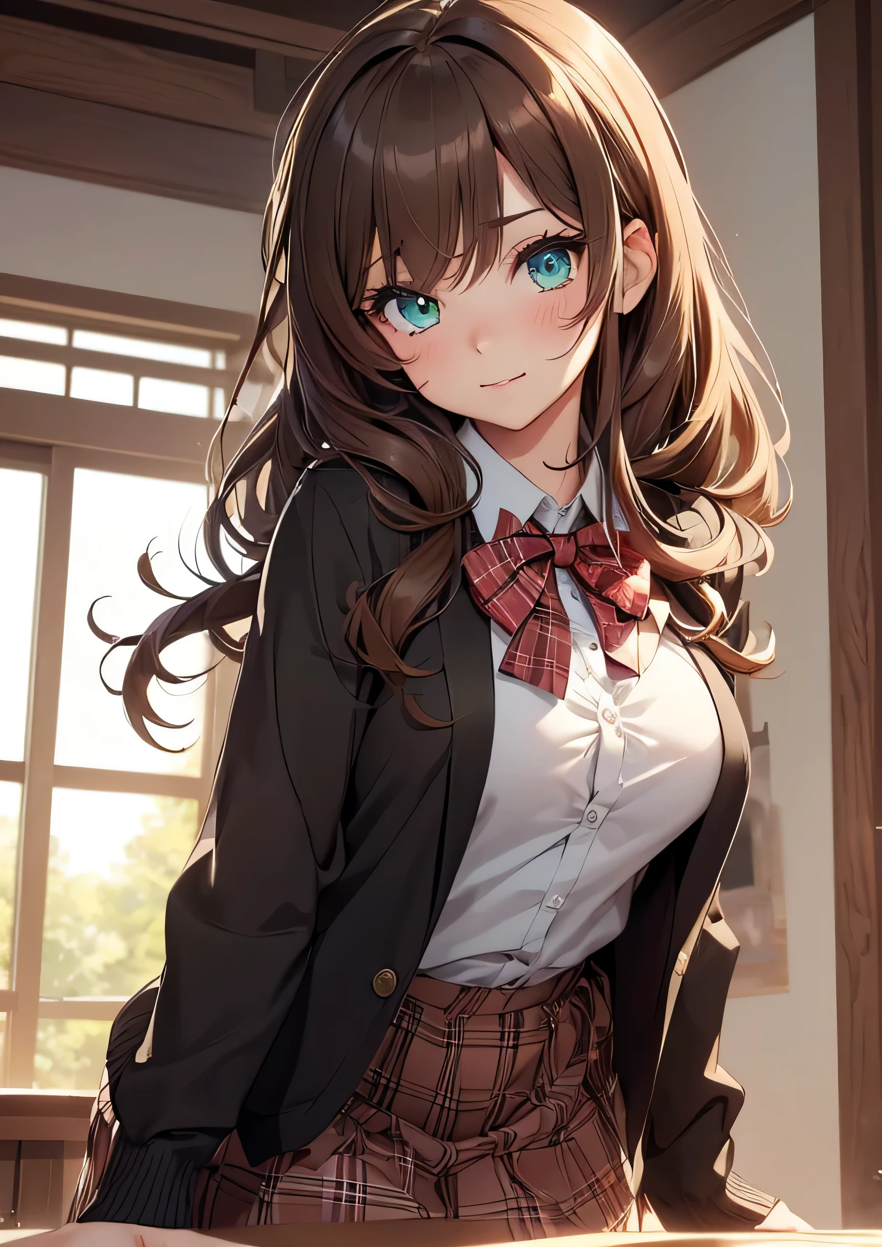((table top, highest quality, High resolution, nffsw, perfect pixel, Depth of written boundary, 4k, nffsw, nffsw))), 1 girl, single, alone, beautiful anime girl, beautiful art style, anime character, ((long hair, bangs, dark brown hair, curly hair:0.8)), ((green eyes:1.4, fine eyes, beautiful eyes, perfect eyes,curled eyelashes, realistic eyes)), ((detailed face, blush:1.2)), ((smooth texture:0.75, realistic texture:0.5, Anime CG style)), medium breasts, dynamic angle, big breasts, perfect body, dynamic pose, ((red bow tie, , black jacket, open jacket, brown cardigan, white shirt, black skirt, plaid skirt)), smile, open your mouth, turn your arms behind your back, leaning forward, Amarment Park, ((close, throw, cute, shoot in the face))