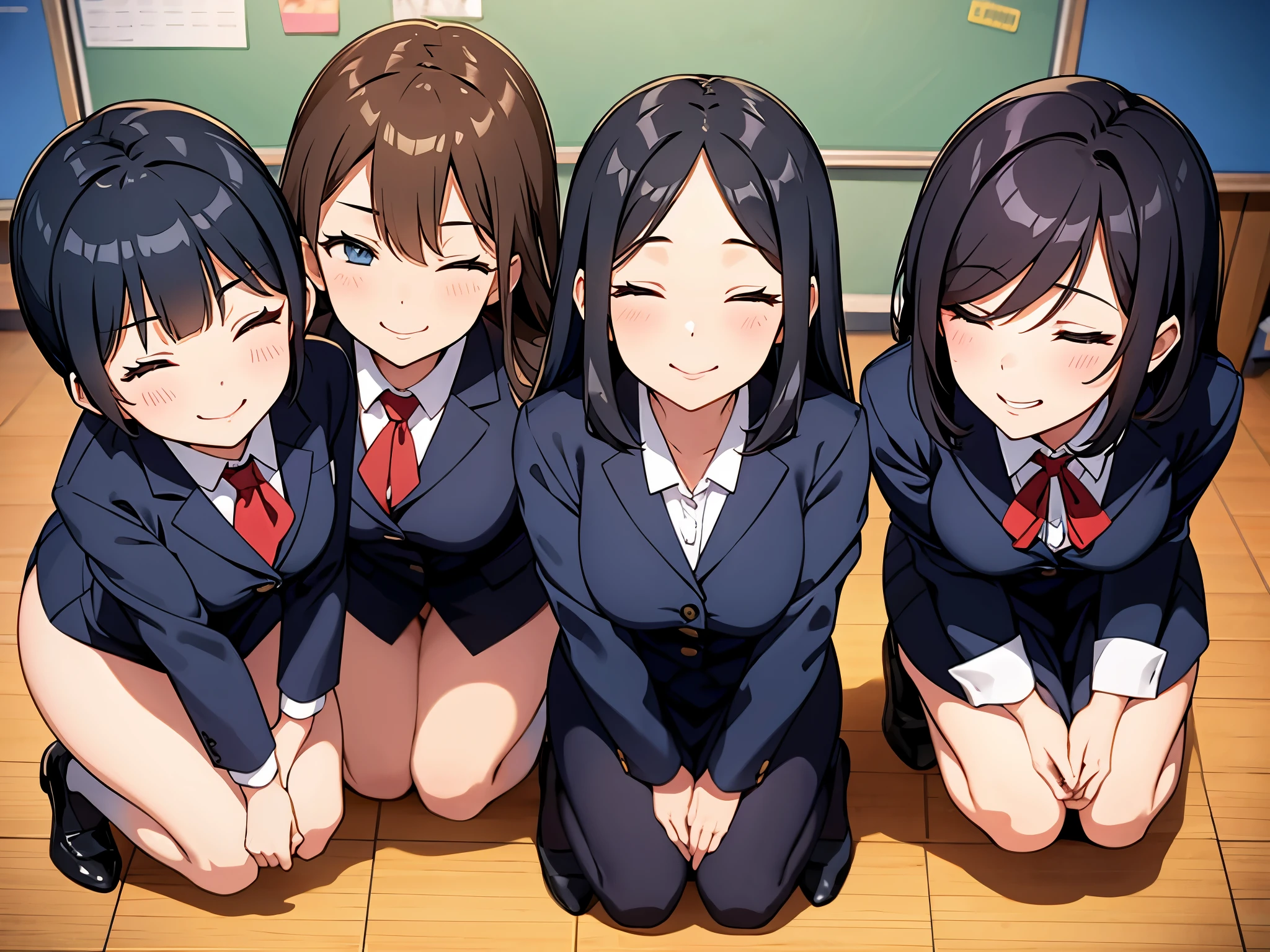 three sexy women in kindergarten teachers outfits, flirtatious smiles, kneeling, closed eyes, opened mouths yawning