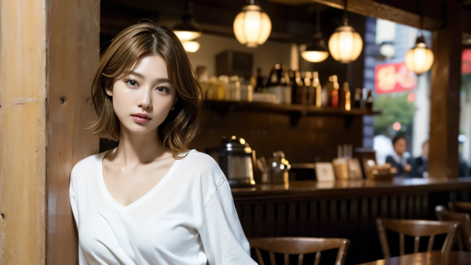 (masterpiece:1.2), super detailed, ultra high resolution, (realistic, photo realistic:1.37), High-definition RAW color photos, professional photos, highly detailed face, very fine eyes, highly detailed skin, very fine fingers, highly detailed nose, highly detailed mouth, perfect anatomy, highly detailed background, (famous japanese actress:1.2), (gal:1.3), Brown people, (blonde hair:1.3), Very short cut hair, cafe background, Cafes in New York, (wearing a white shirt, mini skirt:1.3),