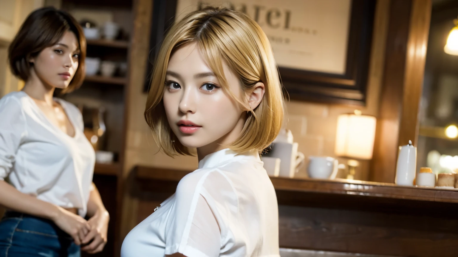 (masterpiece:1.2), super detailed, ultra high resolution, (realistic, photo realistic:1.37), High-definition RAW color photos, professional photos, highly detailed face, very fine eyes, highly detailed skin, very fine fingers, highly detailed nose, highly detailed mouth, perfect anatomy, highly detailed background, (famous japanese actress:1.2), (gal:1.3),  Brown people, (blonde hair:1.3), Very short cut hair, cafe background, Cafes in New York, (wearing a white shirt, mini skirt:1.3),
