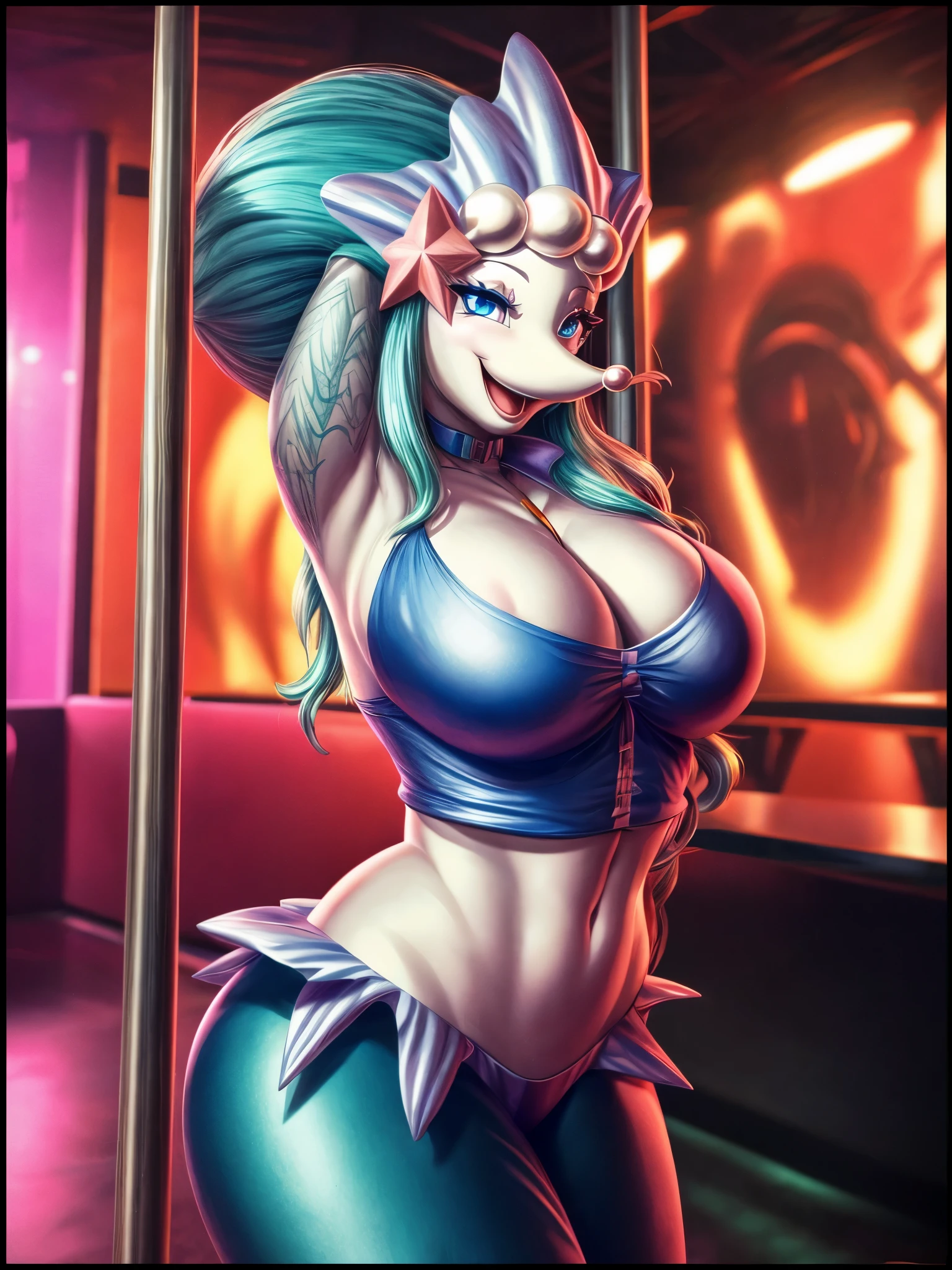(best quality,4k,8k,highres,masterpiece:1.2),ultra-detailed, 1 female, Primarina as a College Girl pole dancing in a strip club, strutting her stuff, Smiling and laughing, Flirting with the viewer, HDR, 8k, absurdres, cinestill 800, sharp focus, add_detail:3 (solo woman) KarmaRxQuiron, vintage 90's anime style