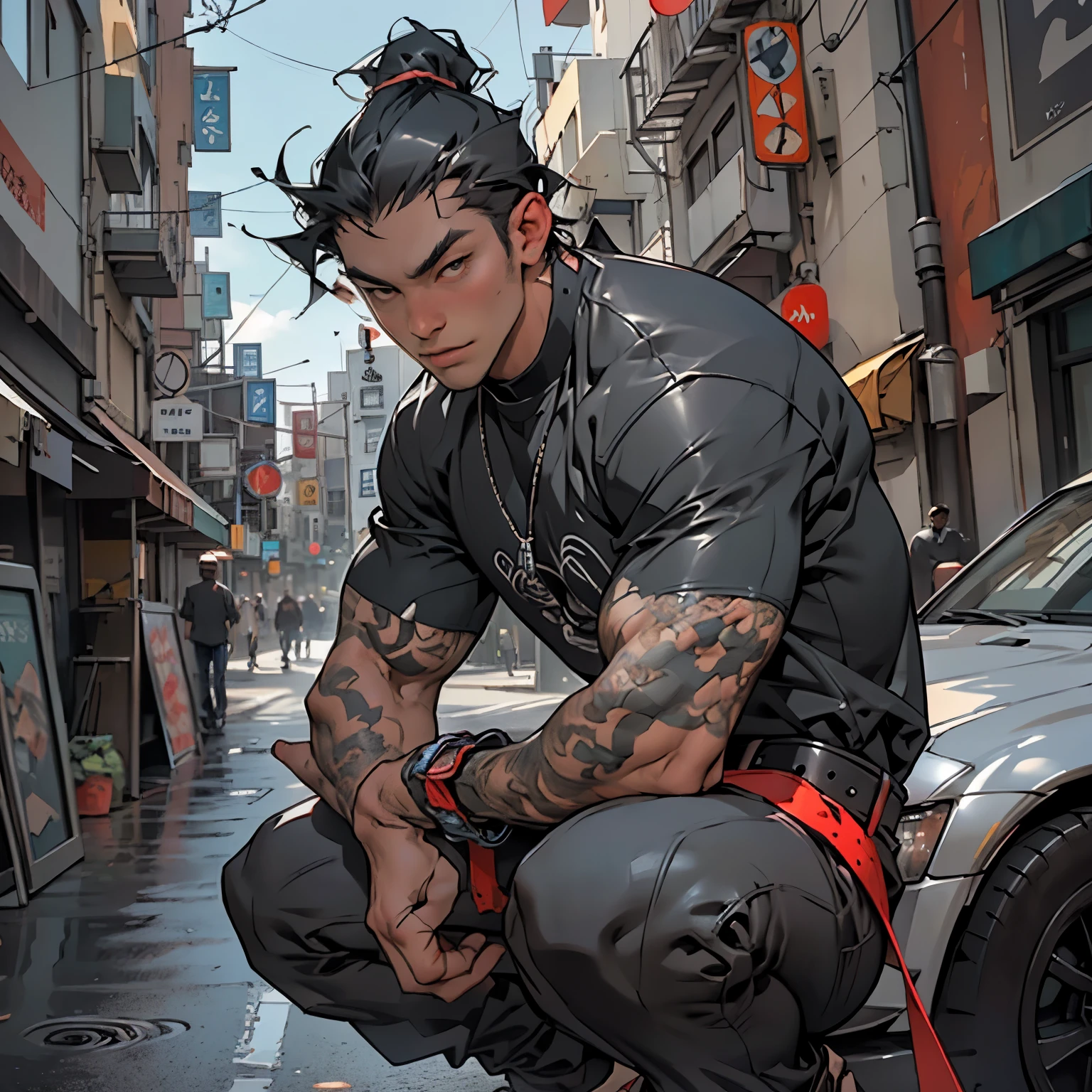 City street-metropolis. 1 young man crouched, modern, . masterpiece, Best quality (surrealism: 1.3), Great, quality, (masterpiece: 1.2), (realism: 1.2), (Best quality), (leather detail: 1.3), sunny day, 1 young man. Long black hair, young, modern clothes, sat down next to him. (Plain T-shirt, slim, strong body, sinewy hands, broad shoulders, tight pants, hands are decorated with belts, bracelets). ((expressive eyes)), Brown eyes, black hair. modern clothes (surrealism: 1.3), Great, high-quality, modern clothes. Hand-drawn realism.