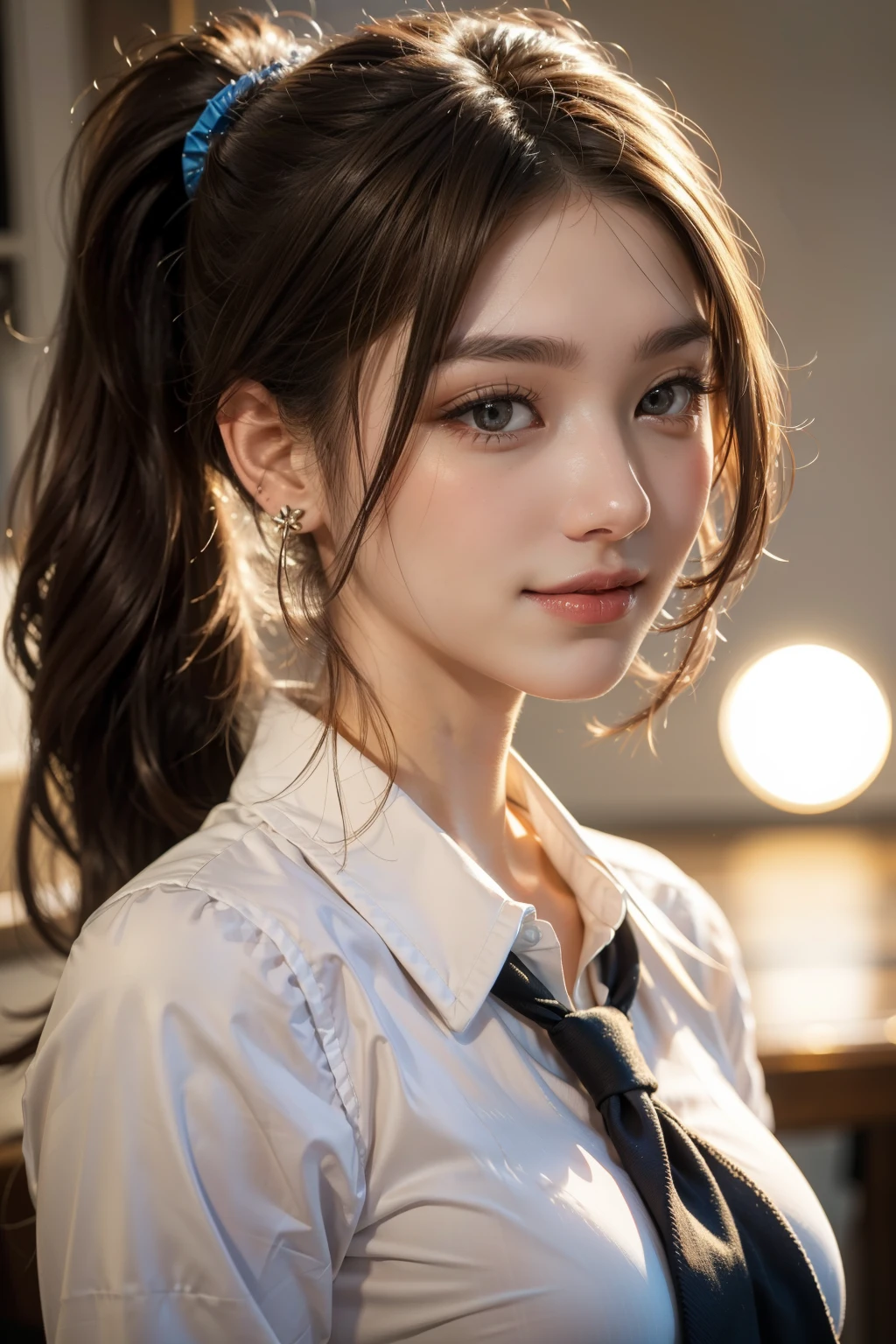 (best quality, 8k,32k,masterpiece, UHD:1.2),extremely detailed CG unity 8k wallpaper,intricate details,Raw photo,(photorealistic:1.4),atmosphere,ultra high res,Realistic,Real,Huge_filesize,incredibly absurdres,(centered:1.3),Ultra illustration,(ultra-detailed),cinematic lighting,various colors,depth of field,art by krenz cushart,golden hour lighting,taken by Canon EOS,SIGMA Art Lens 35mm F1.4,ISO 200 Shutter Speed 2000,blurry background,
BREAK,
1girl,(smile:1.3),slim body,(ponytail:1.4),solo,20-year-old Japanese beautiful woman, unbuttoned white shirt,(girls highschool uniform:1.5),(light brown hair:1.5),((brown eyes)),Large breasts,chest, Soft white skin that shines with every detail,pale skin,Very beautiful face,Very well-formed face,Natural and realistic face,Best,beautiful detailed eyes,striking eyes,Eyes drawn in detail, smile with your mouth closed,Detailed mouth,Detailed lips,shiny beautiful lips,Glossy lips,simple earrings,necklace,jewelry, solo focus,low neckline,
BREAK,
Back lighting,kool,Standing,
BREAK,
(Dutch angle:1.4),cowboy shot,looking at viewer,
BREAK,tzuyu,yui aragaki,