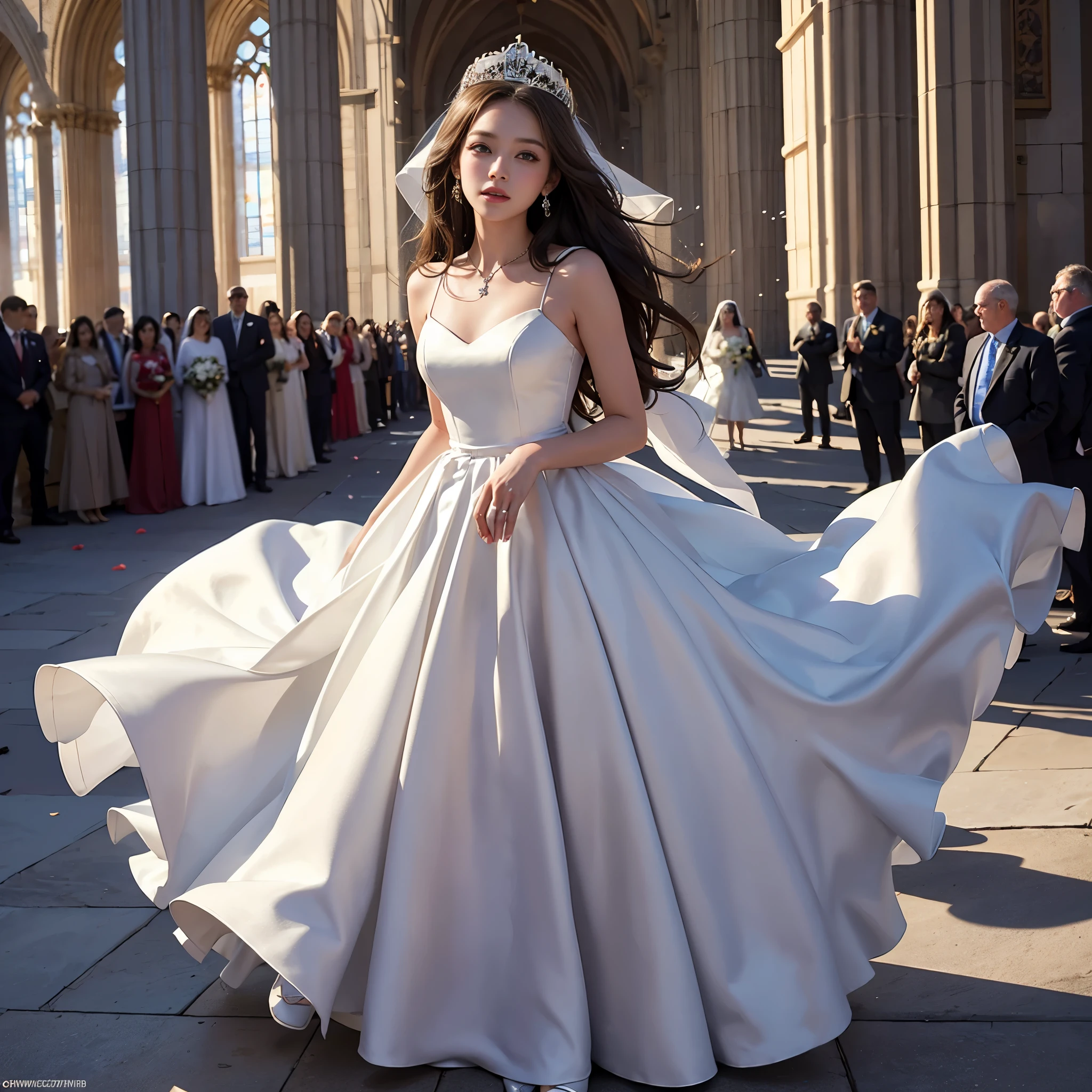 best quality, masterpiece, There's only one woman, yak, cute , shiny lips, sweet, sun glare, Conservative attire, wedding dress, bridal tiara, depth of field, blurred background, Cathedral Background, light particles, strong wind, head tilt, long hair,