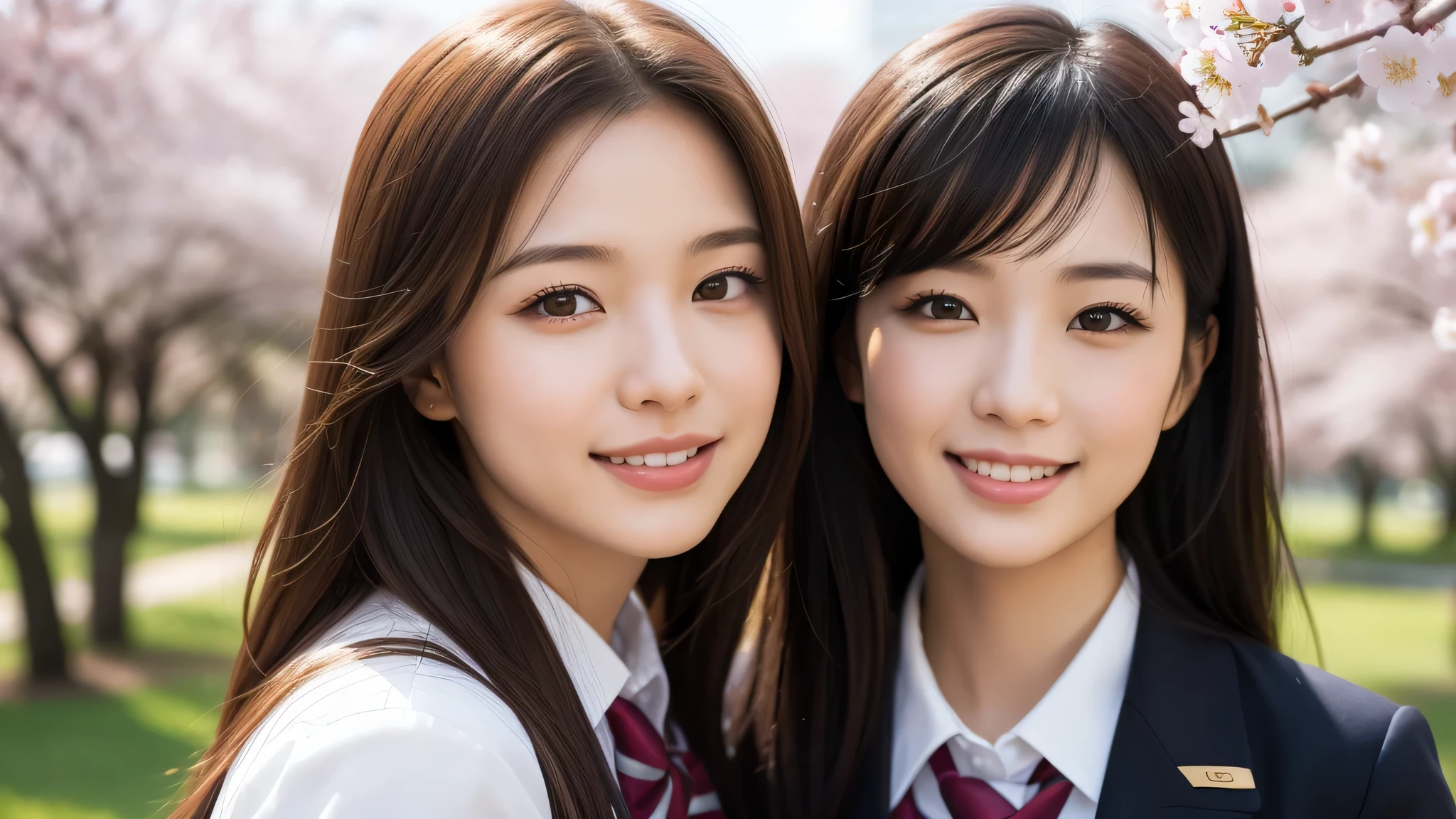 (1 girl), confident smile, brown eyes, (high school uniform:1.2), (very detailed美しい顔), wonderful face and eyes, (highest quality:1.4), (Super detailed), (very detailed CG 統合 8k 壁紙), very detailed, High resolution raw color photos, professional photography, realistic portrait, evening, very high resolution, (Upper body), close up face, Cherry tree, (garden), Cherry tree in full bloom,
