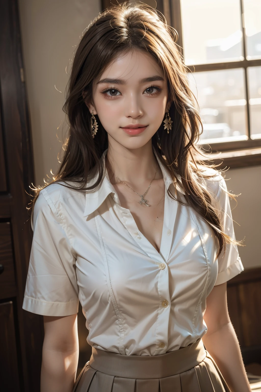 (best quality, 8k,32k,masterpiece, UHD:1.2),extremely detailed CG unity 8k wallpaper,intricate details,Raw photo,(photorealistic:1.4),atmosphere,ultra high res,Realistic,Real,Huge_filesize,incredibly absurdres,(centered:1.3),Ultra illustration,(ultra-detailed),cinematic lighting,various colors,depth of field,art by krenz cushart,golden hour lighting,taken by Canon EOS,SIGMA Art Lens 35mm F1.4,ISO 200 Shutter Speed 2000,blurry background,
BREAK,
1girl,(smile:1.3),slim body,(long straighthair:1.4),solo,20-year-old Japanese beautiful woman, unbuttoned white shirt,(girls highschool uniform:1.5),(light brown hair:1.5),((brown eyes)),Large breasts,chest, Soft white skin that shines with every detail,pale skin,Very beautiful face,Very well-formed face,Natural and realistic face,Best,beautiful detailed eyes,striking eyes,Eyes drawn in detail, smile with your mouth closed,Detailed mouth,Detailed lips,shiny beautiful lips,Glossy lips,simple earrings,necklace,jewelry, solo focus,low neckline,
BREAK,
Back lighting,kool,Standing,
BREAK,
(Dutch angle:1.4),cowboy shot,looking at viewer,
BREAK,tzuyu,yui aragaki,