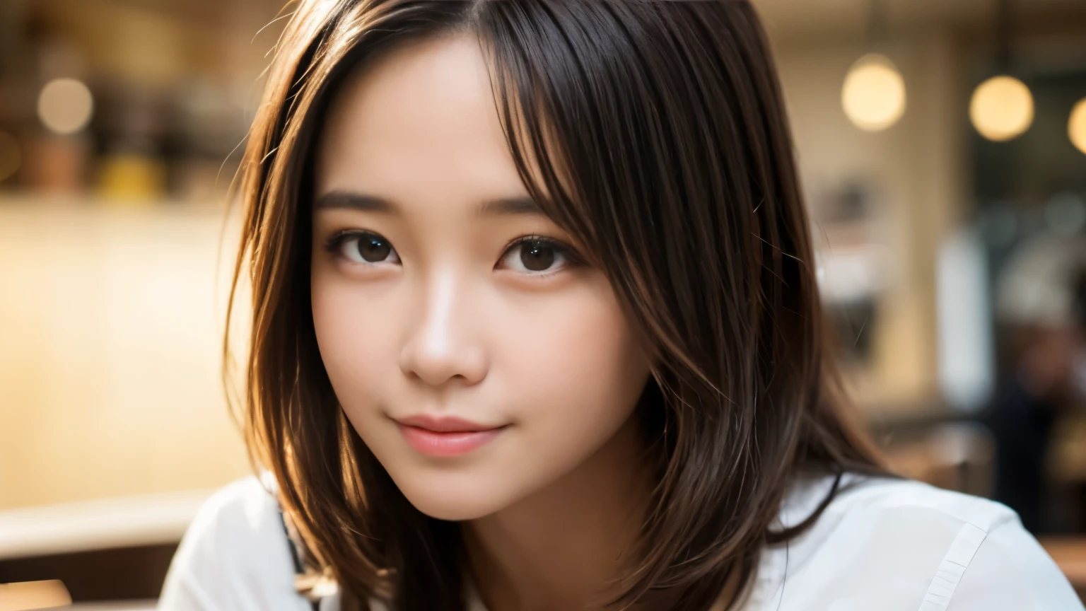 masterpiece, highest quality, 8K, person without order, , beautiful girl, cute face, looking at the viewer, smile, Super realistic, High resolution, photograph, sharp focus, HDR, face light, dynamic lighting, movie lighting, professional shadow, beautiful cafe background, best details, very detailed, Super detailed, finely, real skin, delicate features, detailed face and eyes, sharp pupils,Real students