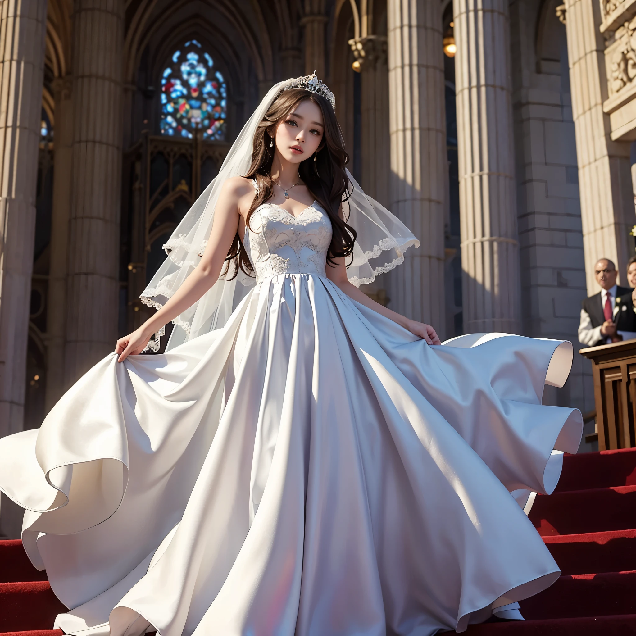 best quality, masterpiece, There&#39;s only one woman, yak, cute teen, shiny lips, sweet, sun glare, Conservative attire, wedding dress, bridal tiara, depth of field, blurred background, Cathedral Background, light particles, strong wind, head tilt, long hair, 