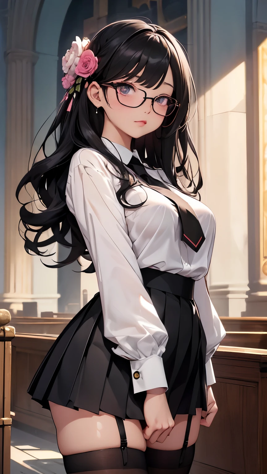 (long black wavy hair、sexy、detailed face、highly detailed eyes、double eyelid、pink glasses、thick formal white shirt)、(Black short tight mini pleated skirt:1.3)、(sexyピンクのパンティーを見せつける)、(pink short tie)、 (black garter belt:1.3)、(black thigh socks:1.3)、glamorous、slim waist、big ass、wide hips、(zettai ryouiki:1.3)) 、(5two-fingered hand、beautiful woman with perfect figure、High definition skin texture)、 (super close up:1.3)、(look at the camera:1.5)、(church、Many colorful flowers bloom in the background:1.3)、 (highest quality、8K、masterpiece)、(Centered、Scale to fit、Rule of thirds)、(NSFW:1.5)、looking at the camera、shot from below