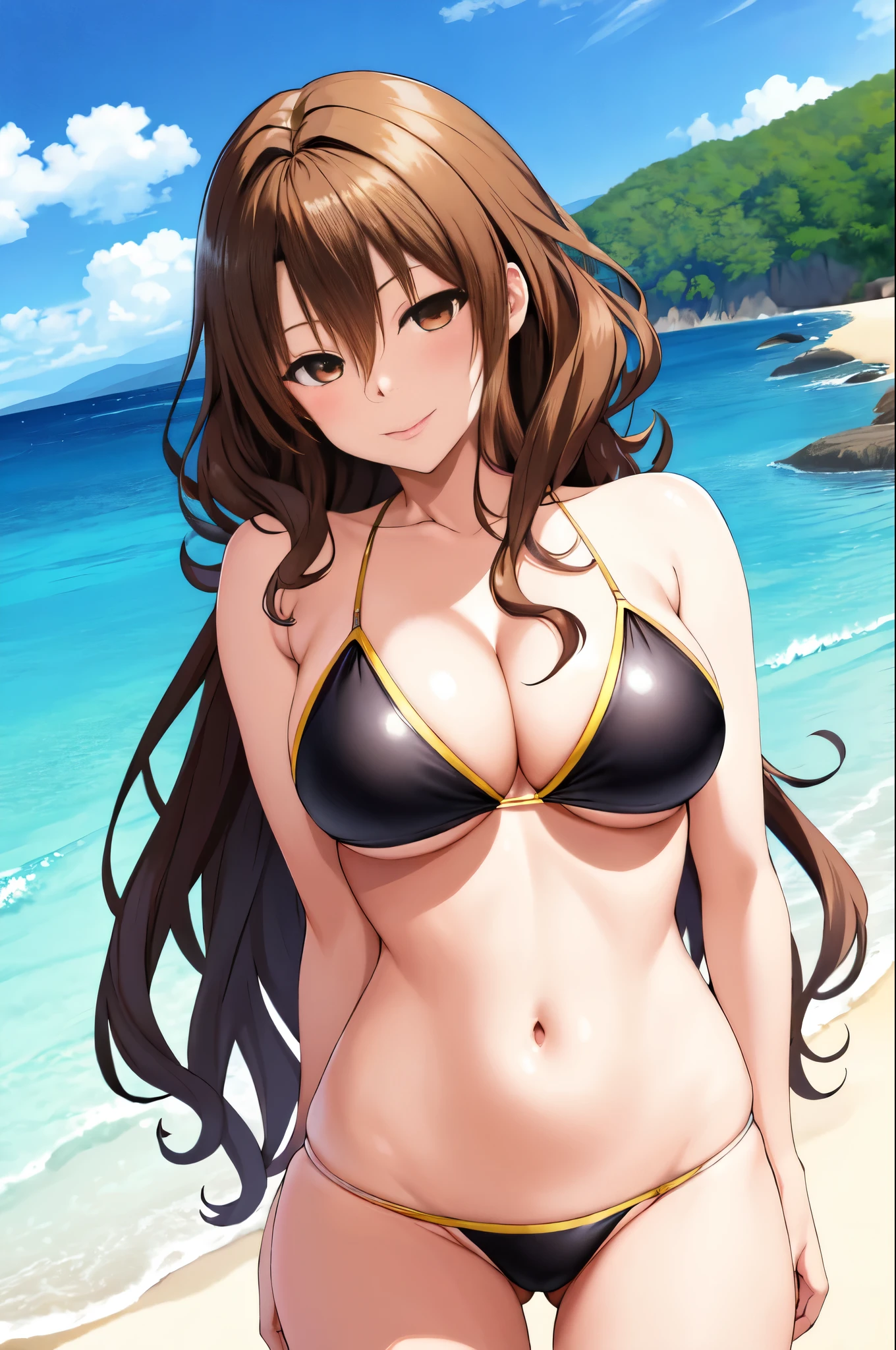 アニメの女の子 in a bikini posing on the beach、Woman with short brown hair、brown eyed woman、wavy hair、solo、realistic bikini、seductive anime woman、swimsuit、美しいanime woman、4K style、is wearing a swimsuit、attractive anime girl、on the beach、highly detailed art germ、tall woman、sexy atmosphere、big breasts、woman with very large breasts、tits、anime moe art style、naughty anime style、digital anime art!!、female focus、Smooth anime CG art、in a triangle bikini、美しいanime woman、cleavage、bikini with an black and yellow top、bikini with an black and yellow bottom、whole body、black:8 yellow:2、sexy anime woman、a woman is standing、 attractive anime woman、in a bikini、(anime woman)、 anime best wo bikini、beautiful anime woman、Beautiful charming anime teen、